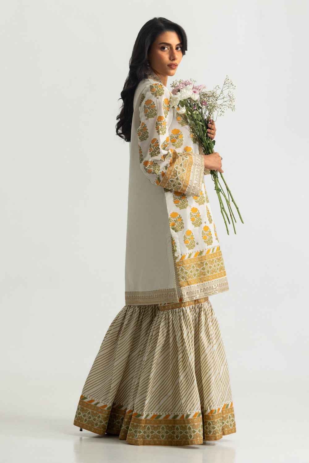 Cambric Printed Shirt And Gharara With Embroidered