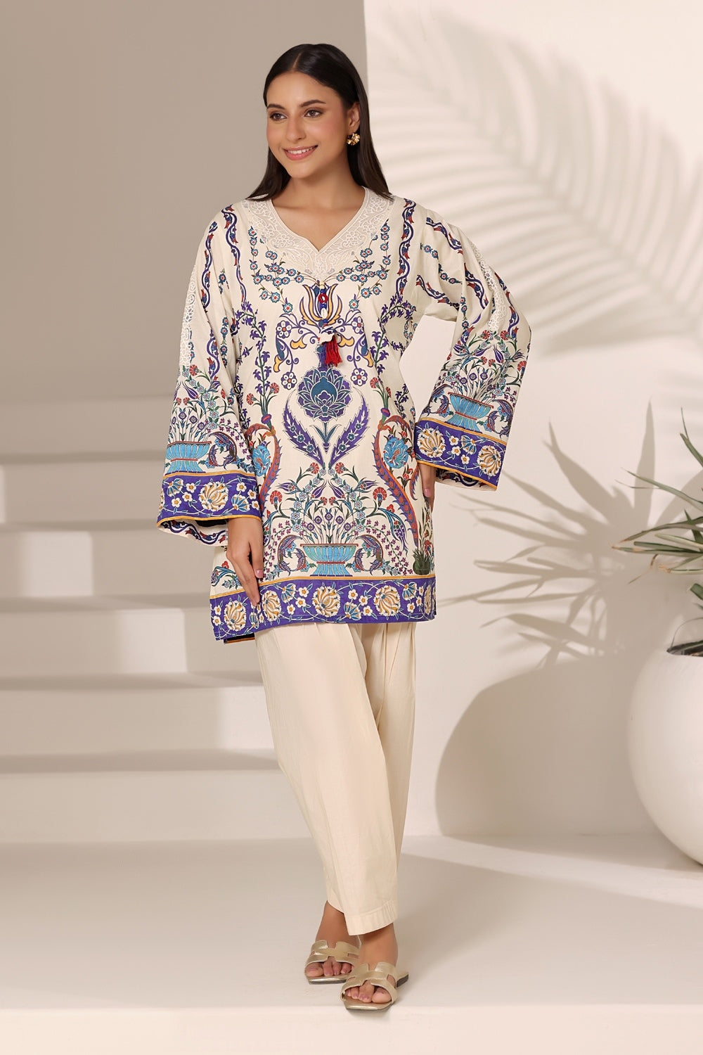 Cambric Printed Shirt And Trouser With Embroidered