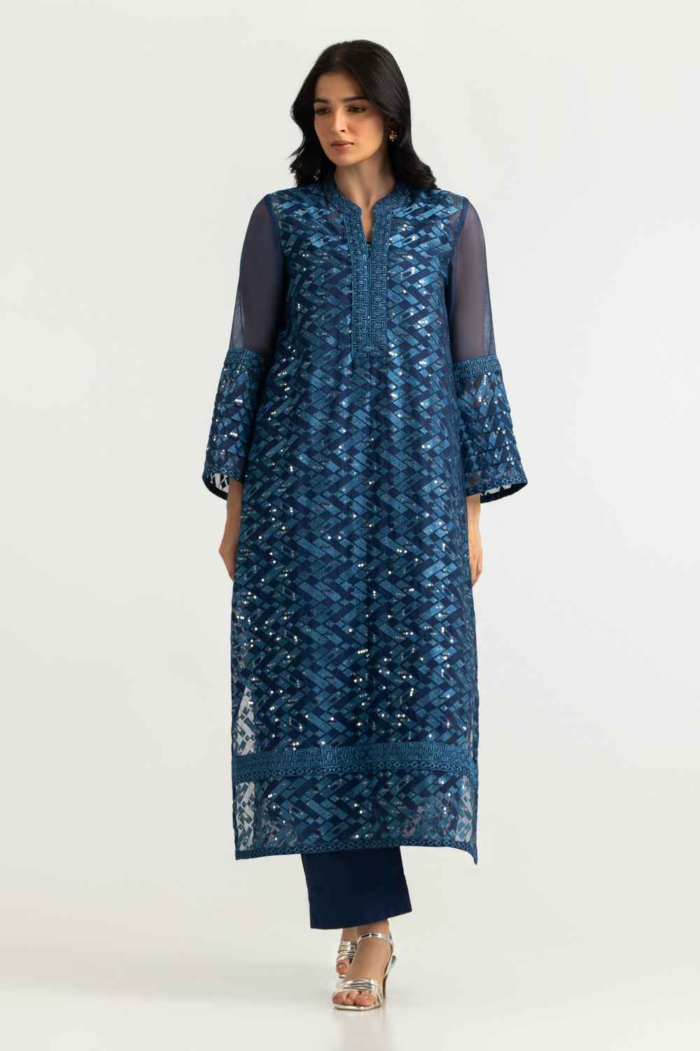 Cotton Net Embroidered Shirt And Dyed Trouser