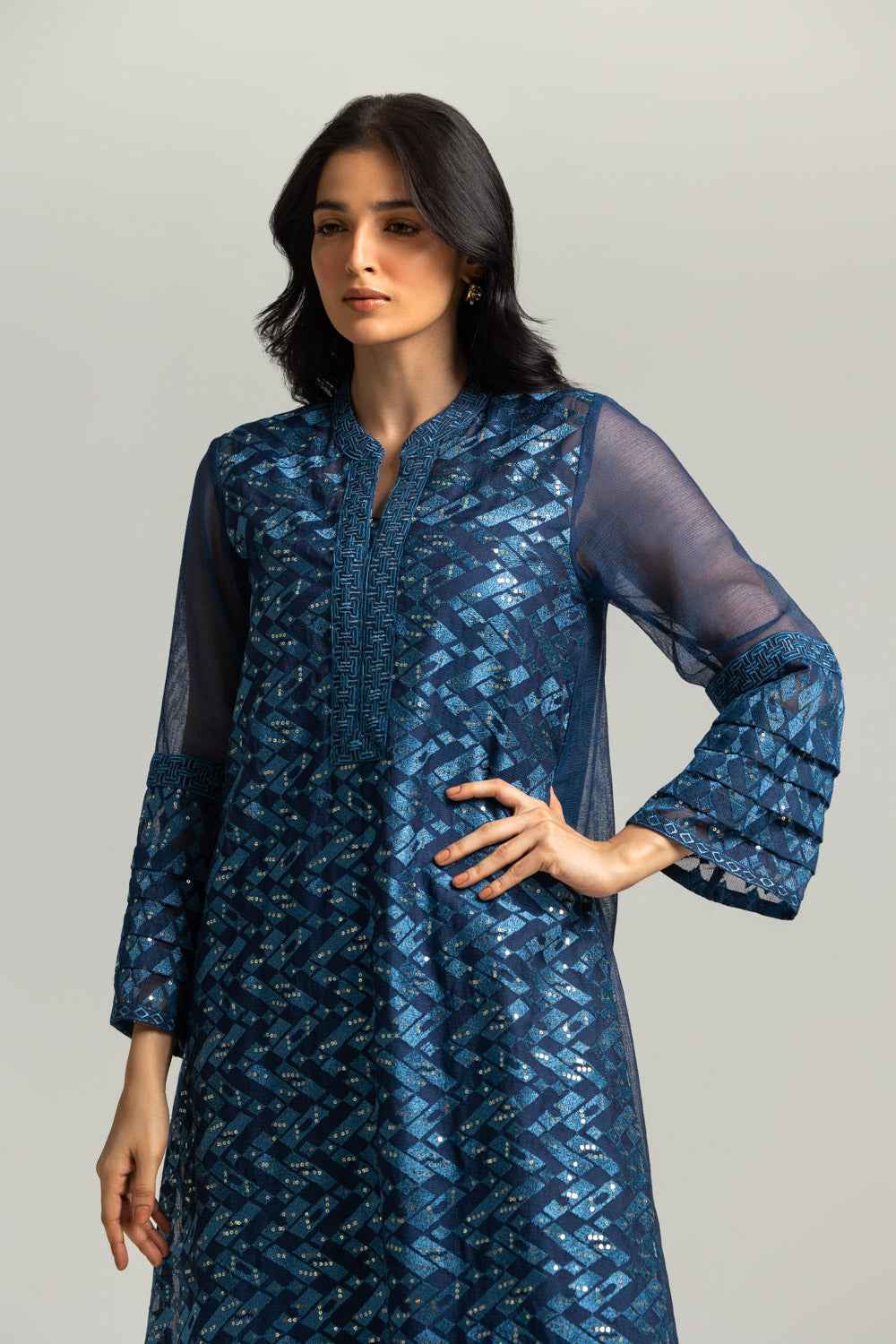 Cotton Net Embroidered Shirt And Dyed Trouser