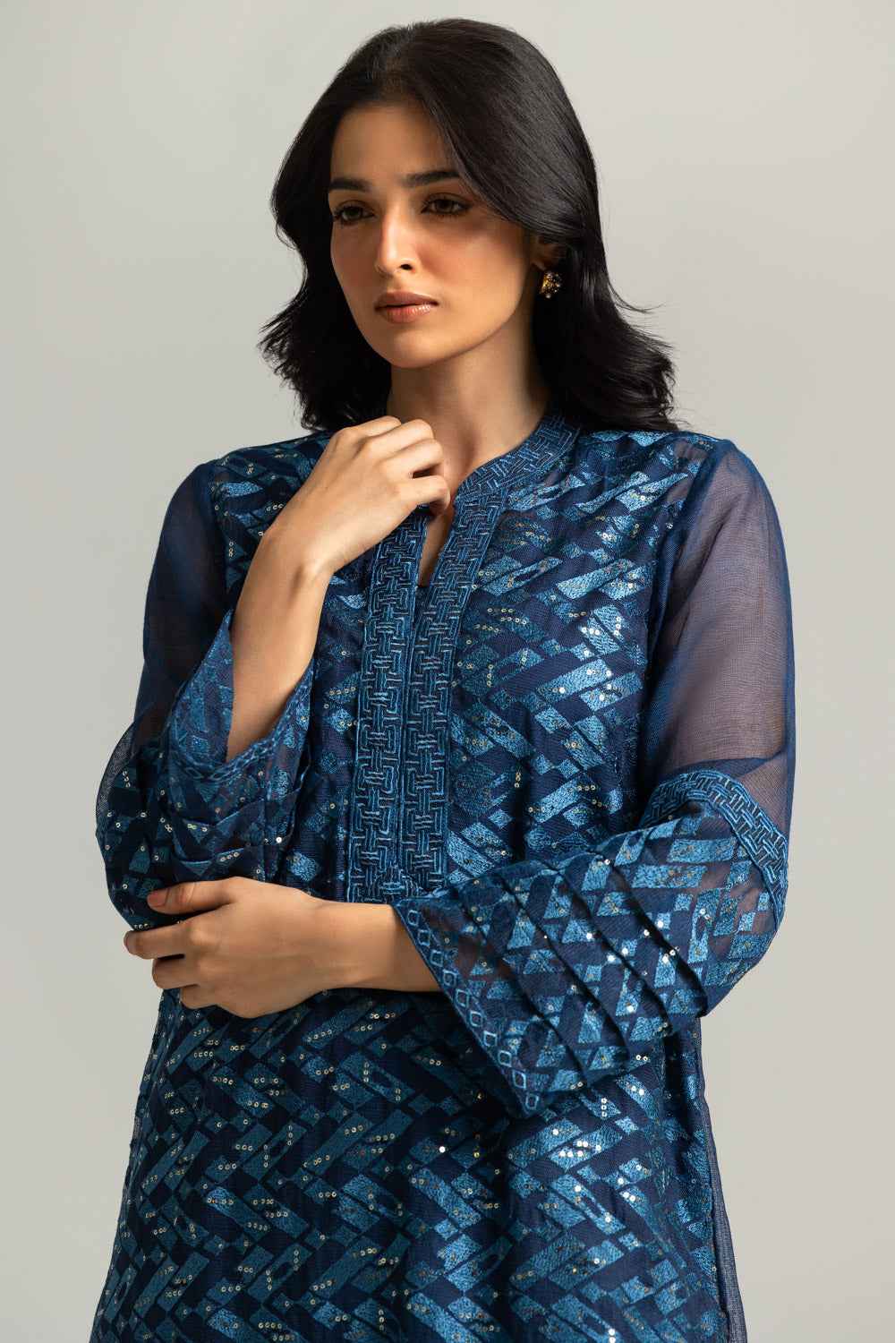 Cotton Net Embroidered Shirt And Dyed Trouser