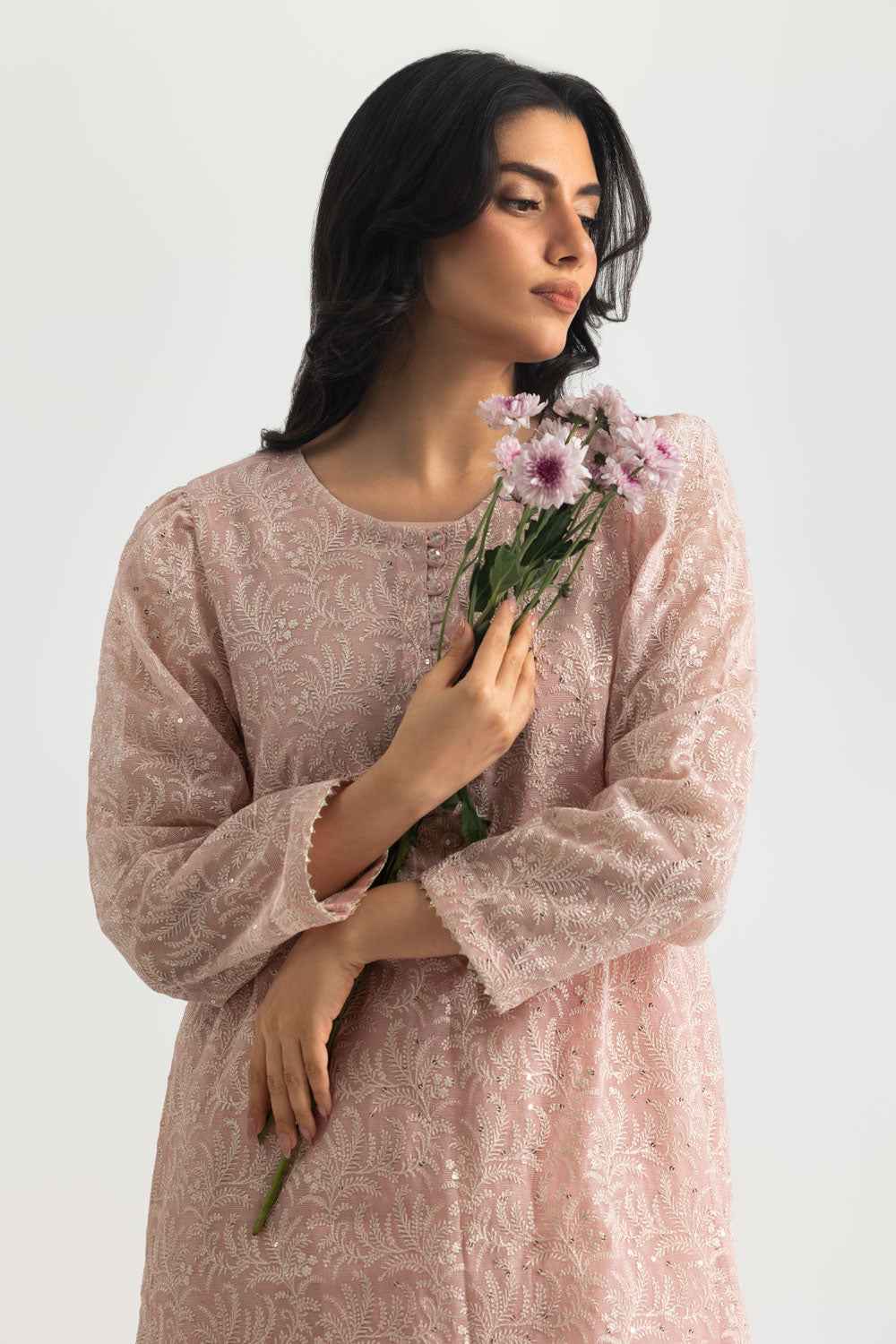 Cotton Net Embroidered Shirt And Dyed Trouser