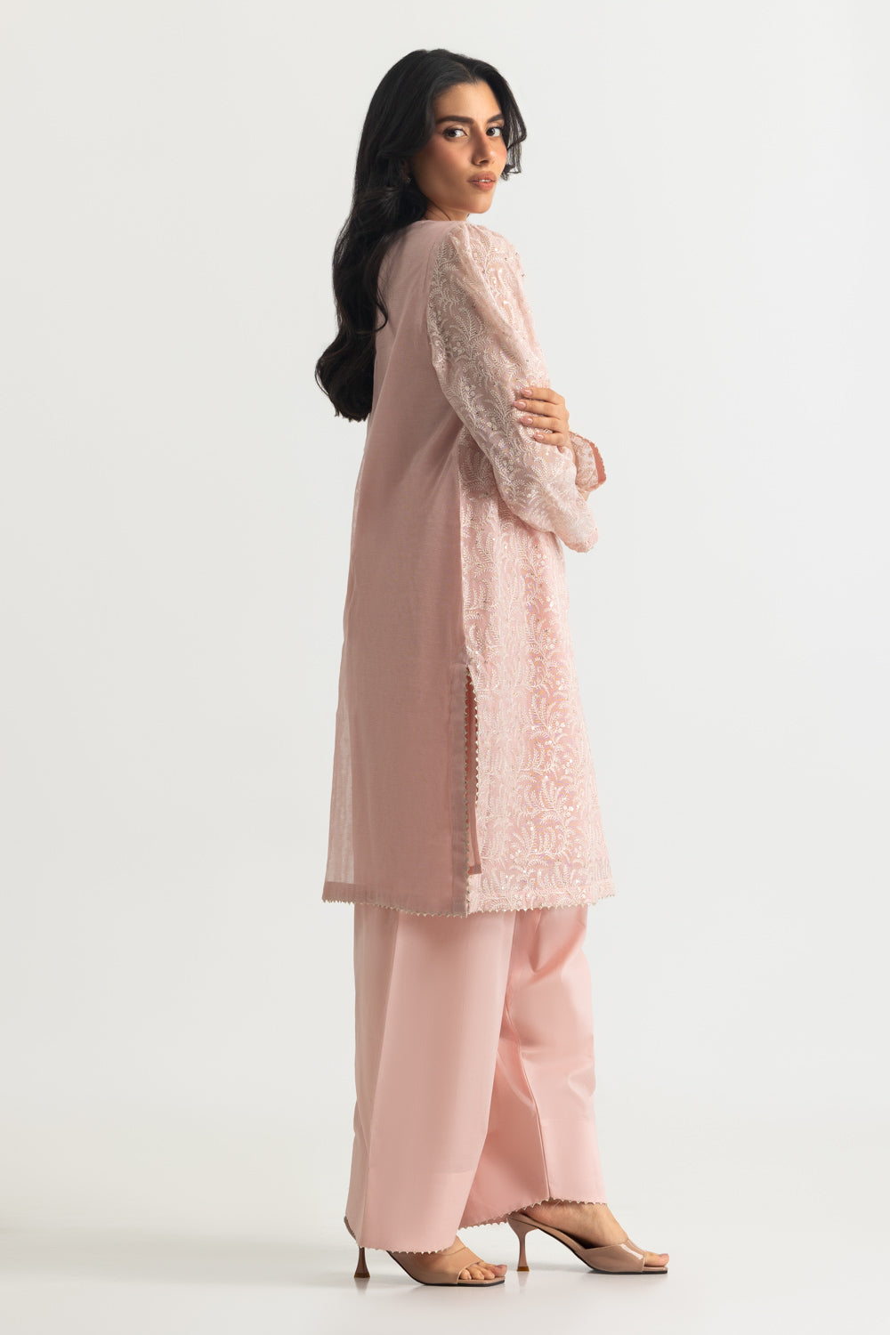 Cotton Net Embroidered Shirt And Dyed Trouser