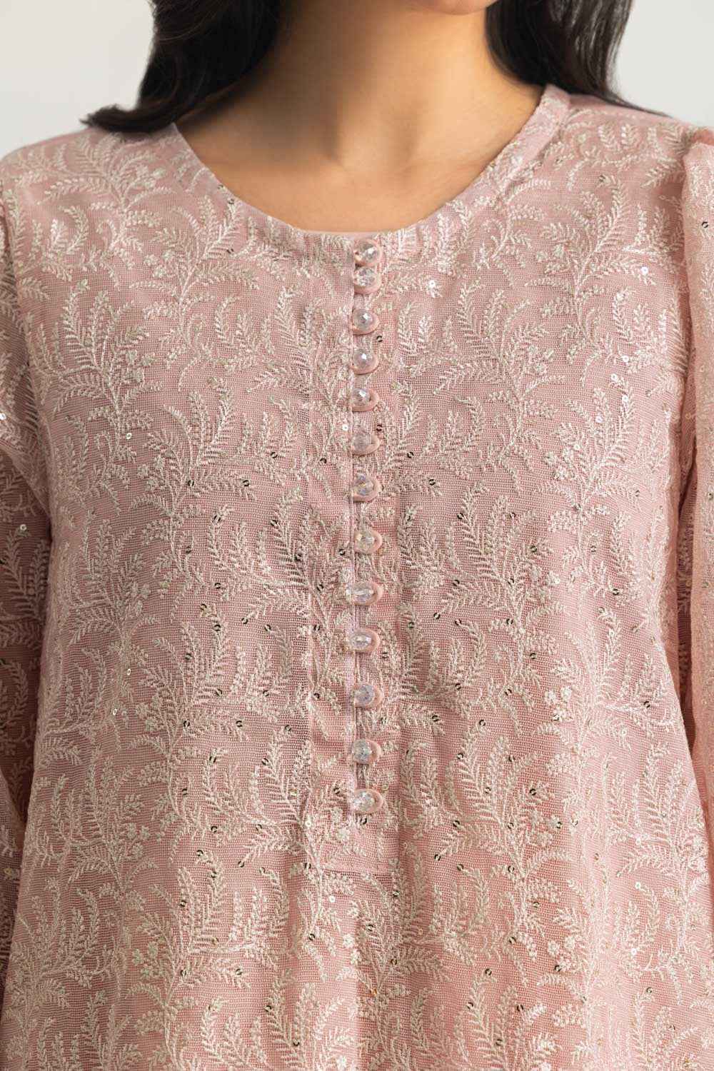 Cotton Net Embroidered Shirt And Dyed Trouser