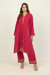Cotton Silk Embroidered Co-Ord Set With Block Printed