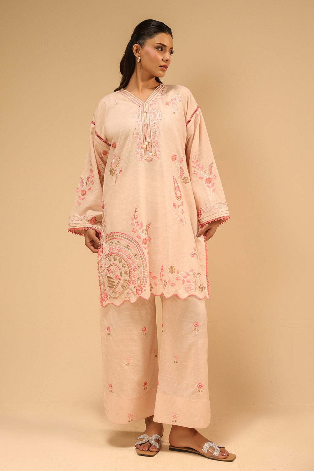 Cotton Viscose Slub Embroidered Co-Ord Set
