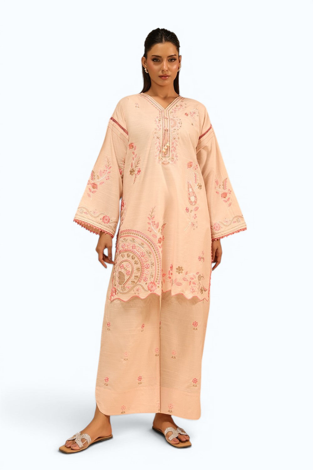 Cotton Viscose Slub Embroidered Co-Ord Set