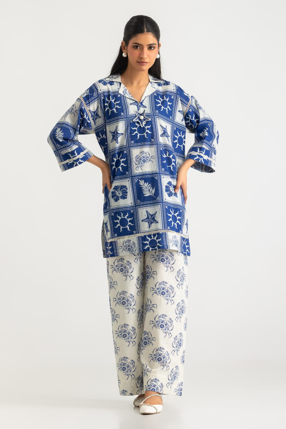 Cross Hatch Printed Co-Ord Set With Embroidered