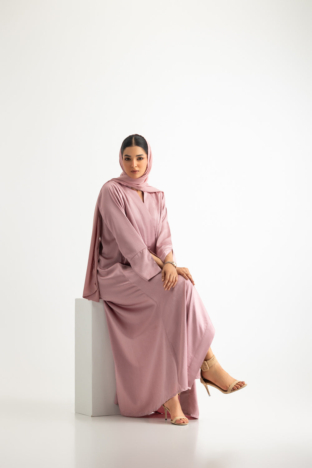 Crushed Satin Abaya With Dyed Scarf