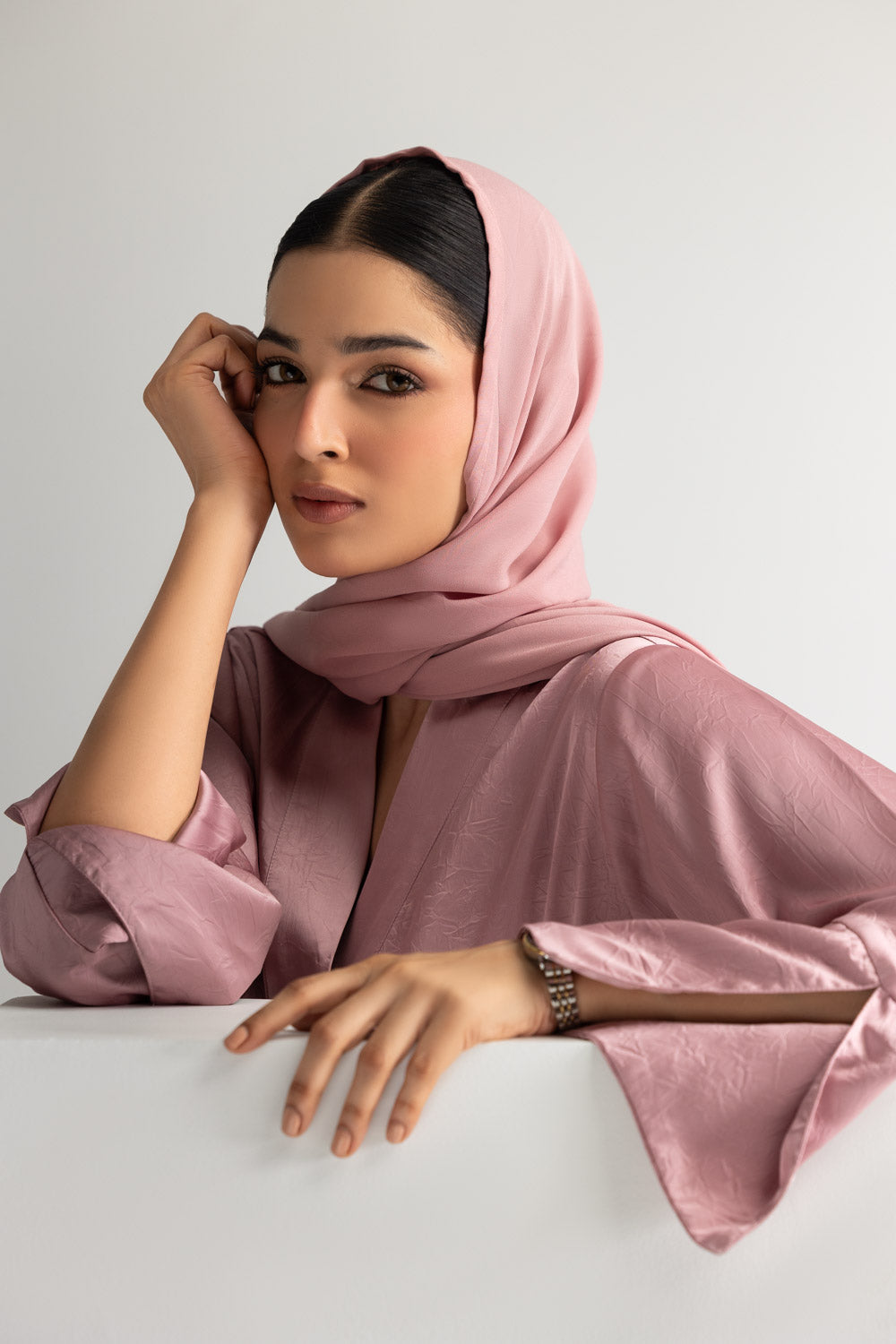 Crushed Satin Abaya With Dyed Scarf