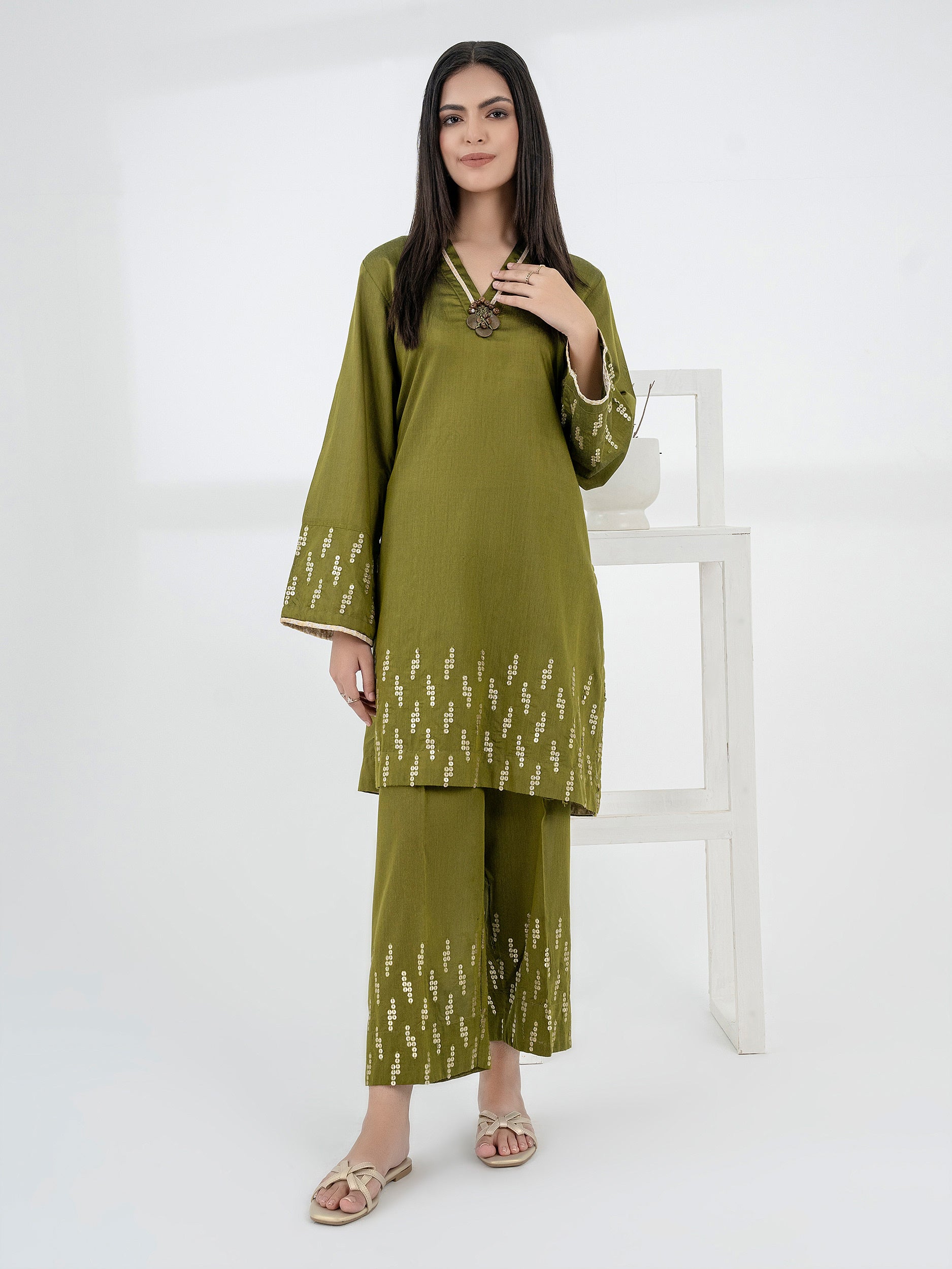 2 Piece Raw Silk Suit-Embellished (Pret)
