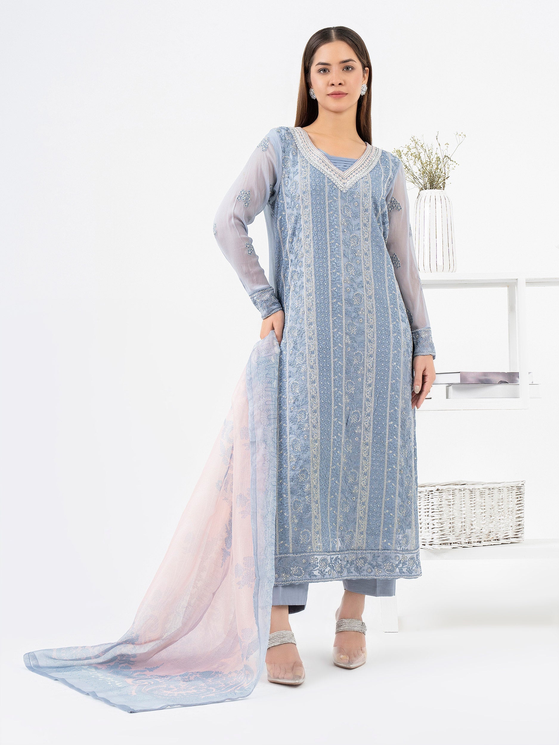 3 Piece Chiffon Suit-Embroidered (Pret)