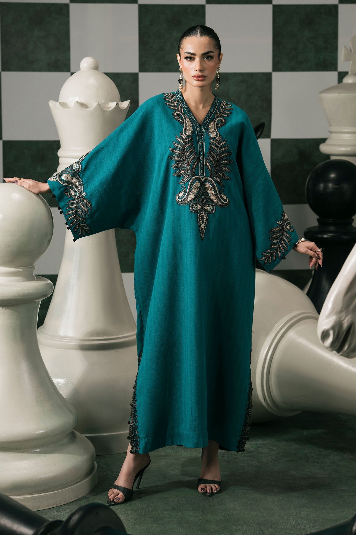 2 Piece Embroidered Striped Cotton Suit
