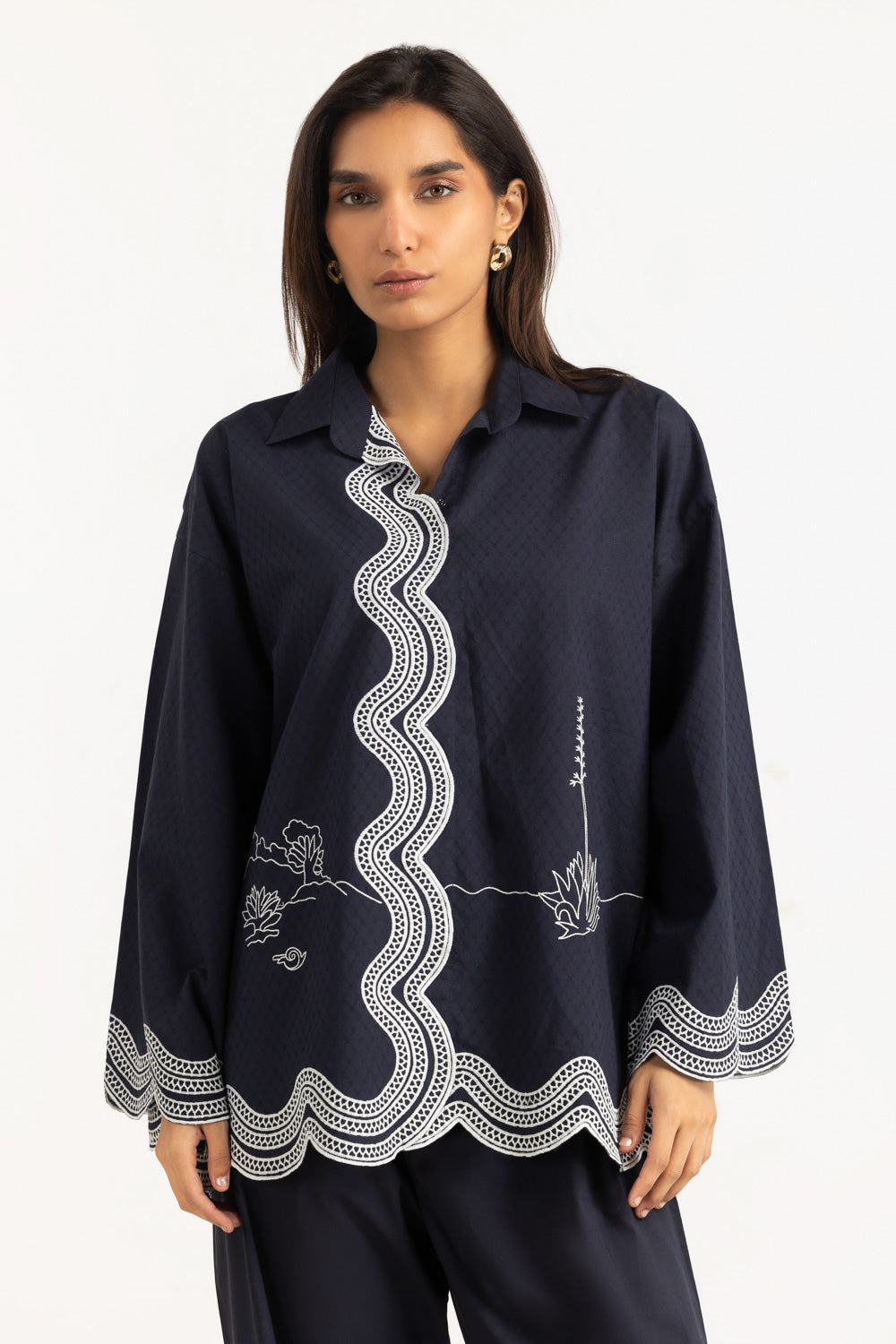 Dobby Embroidered Shirt And Dyed Trouser