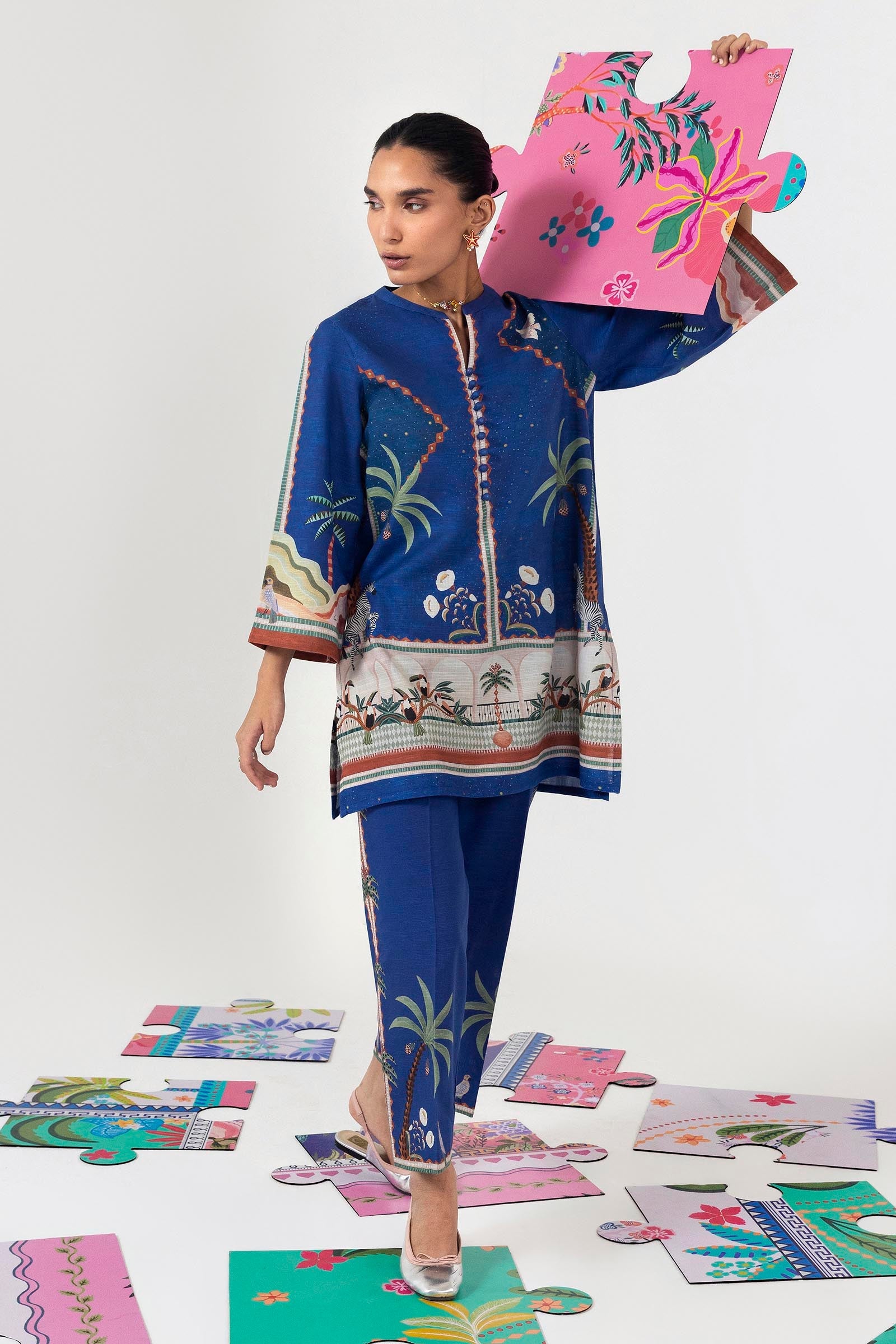 Stitched Printed Khaddar Shirt + Culotte