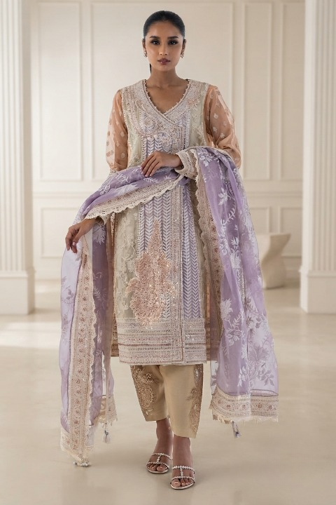 Stitched Angrakha Embroidered Shirt + Shalwar + Dupatta