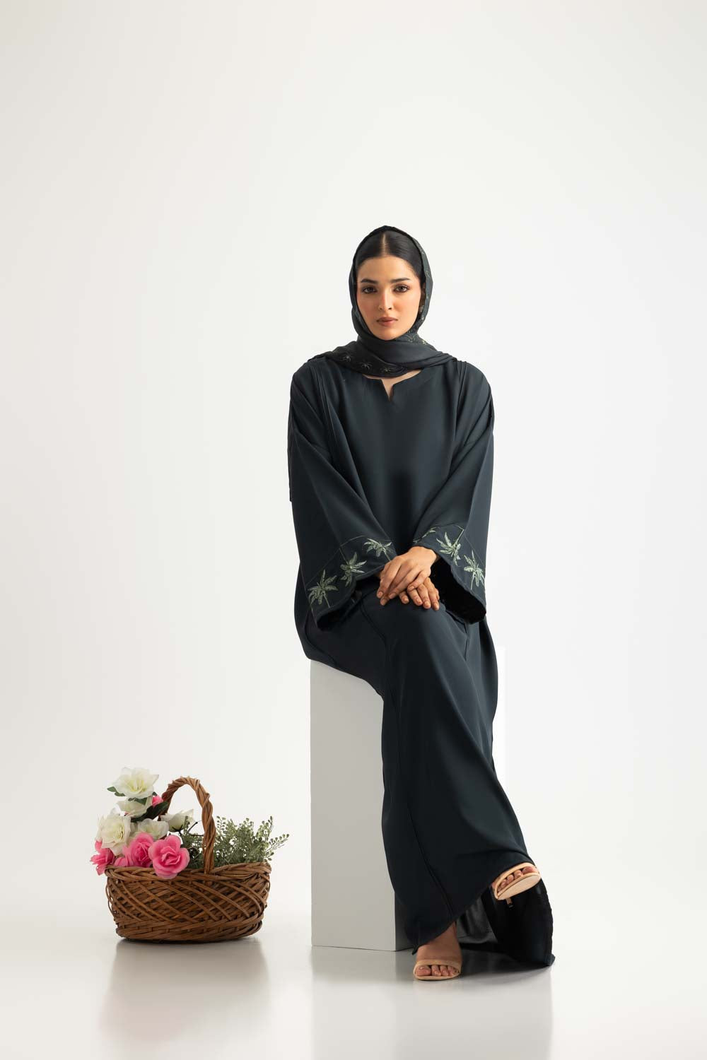 Georgette Embroidered abaya With Embroidered Scarf