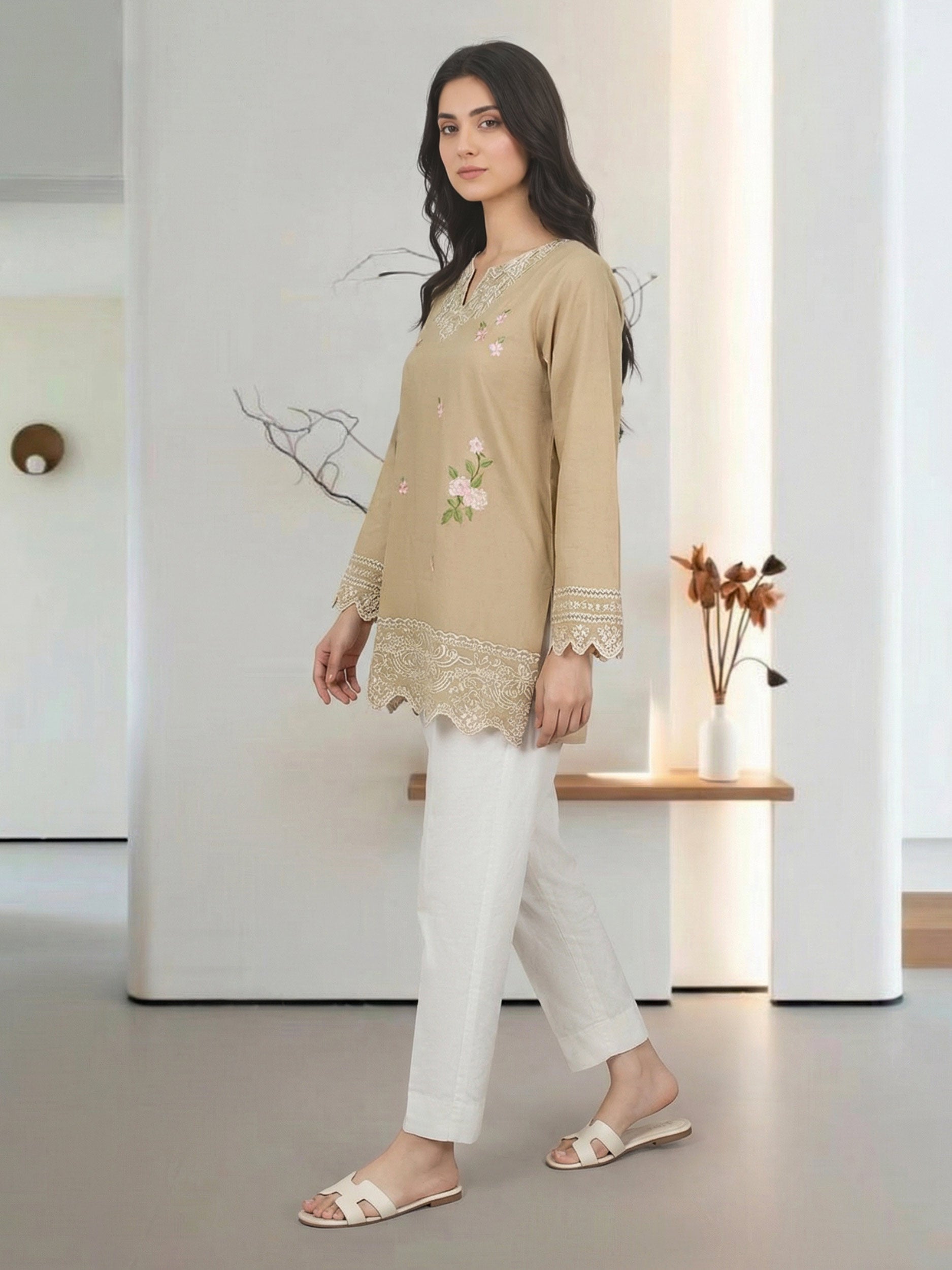 Cambric Kurti- Embroidered (Pret)