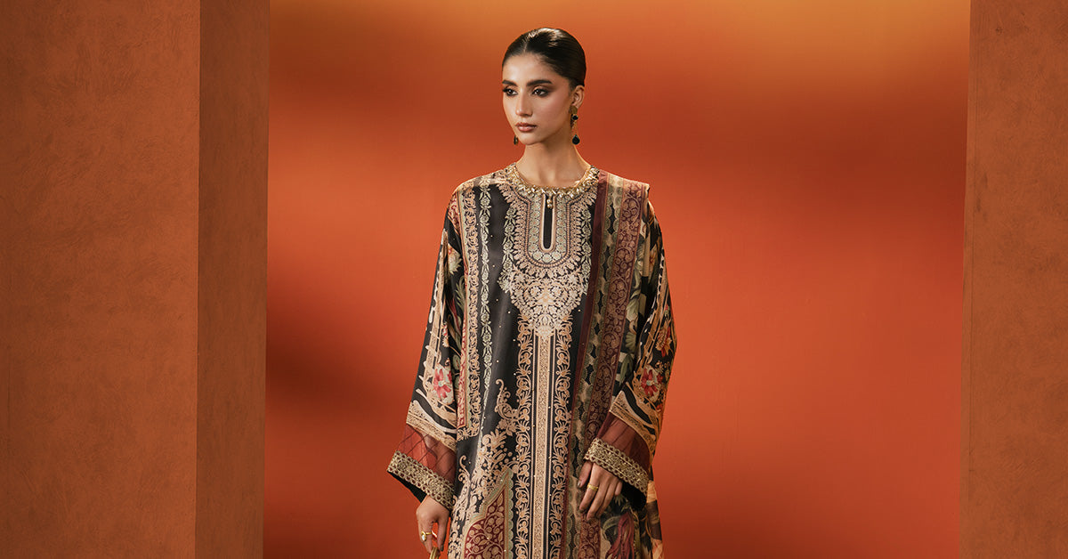 3 Piece Embroidered Satin Silk Suit