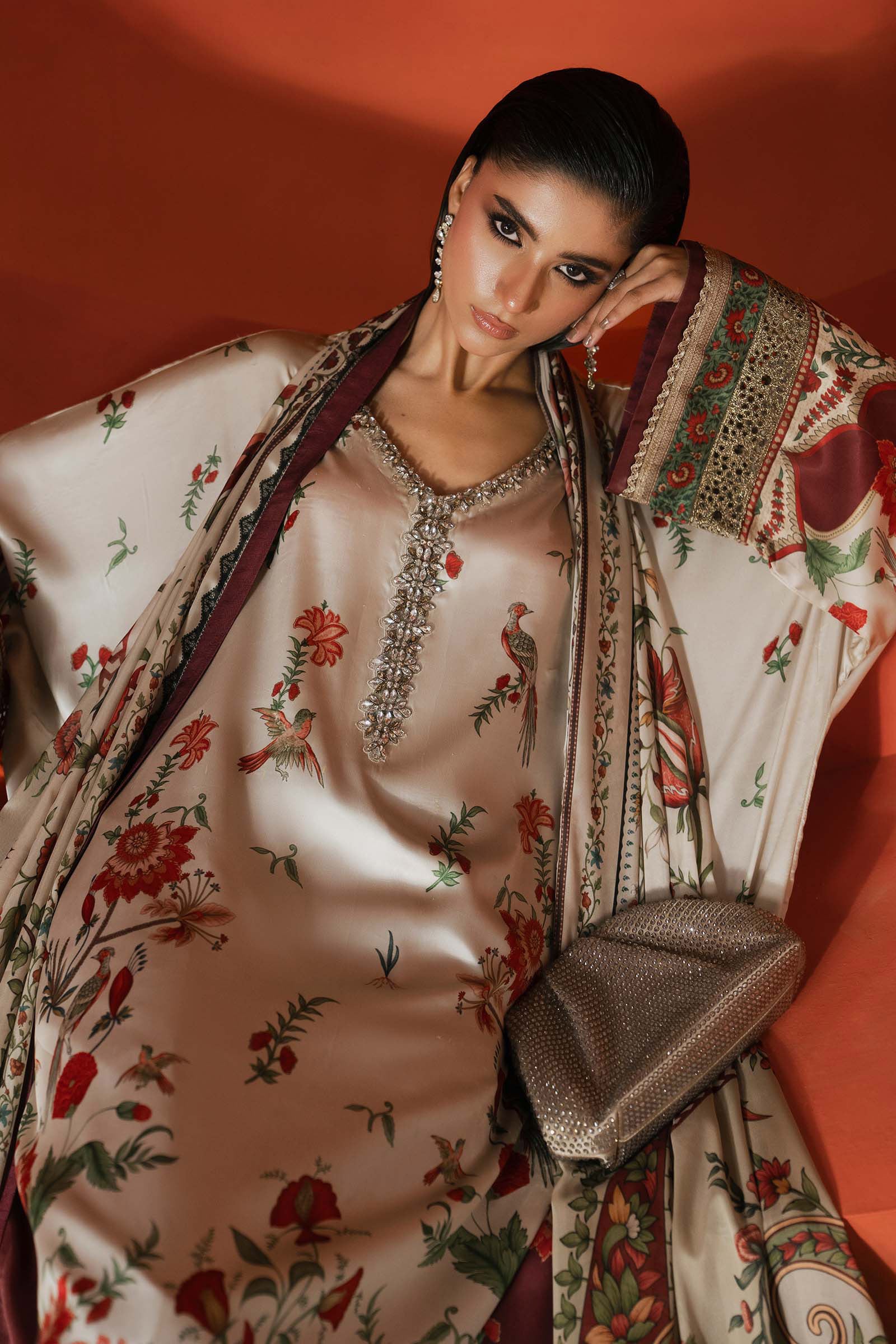 3 Piece Embellished Satin Silk Suit