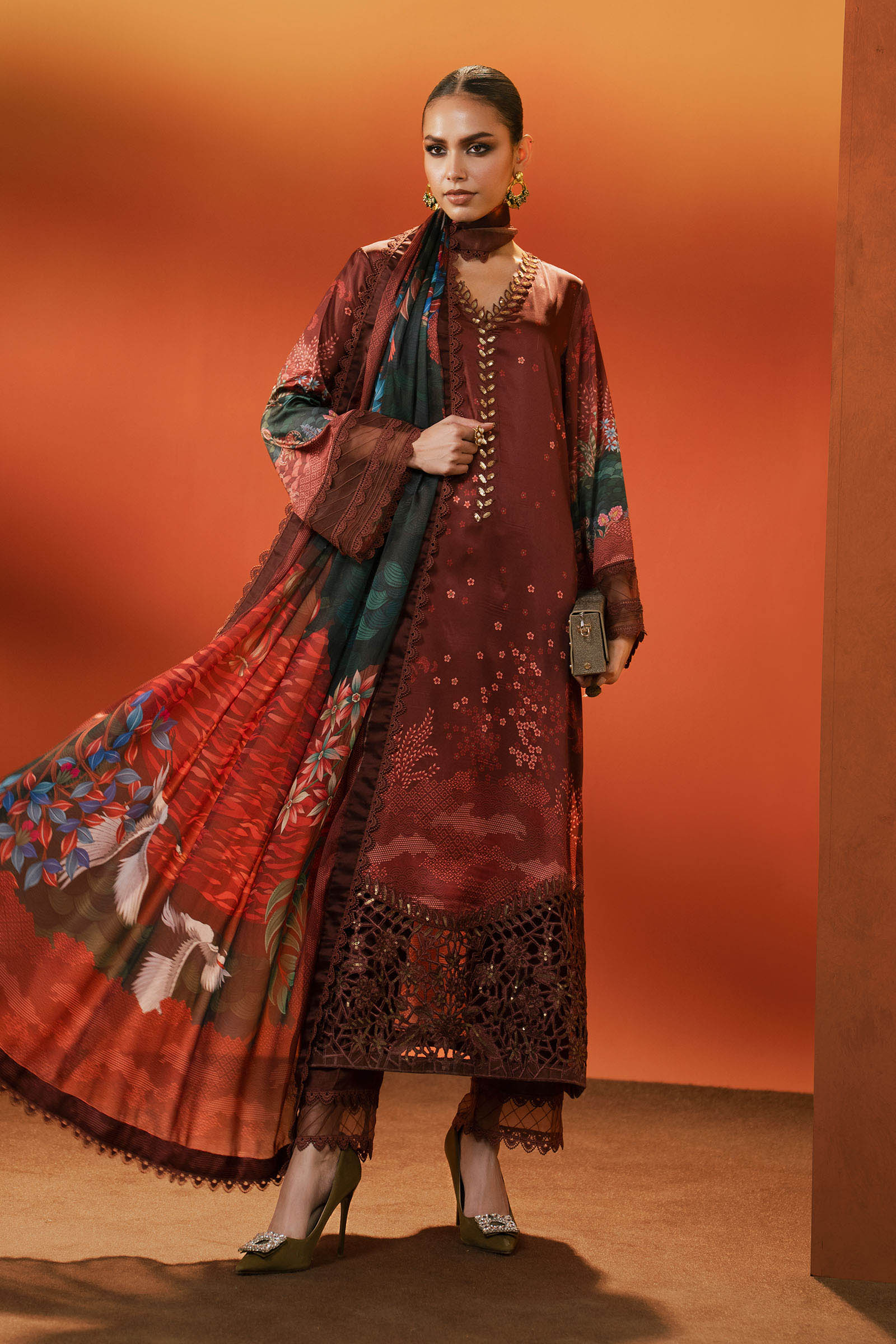 3 Piece Embroidered Satin Silk Suit
