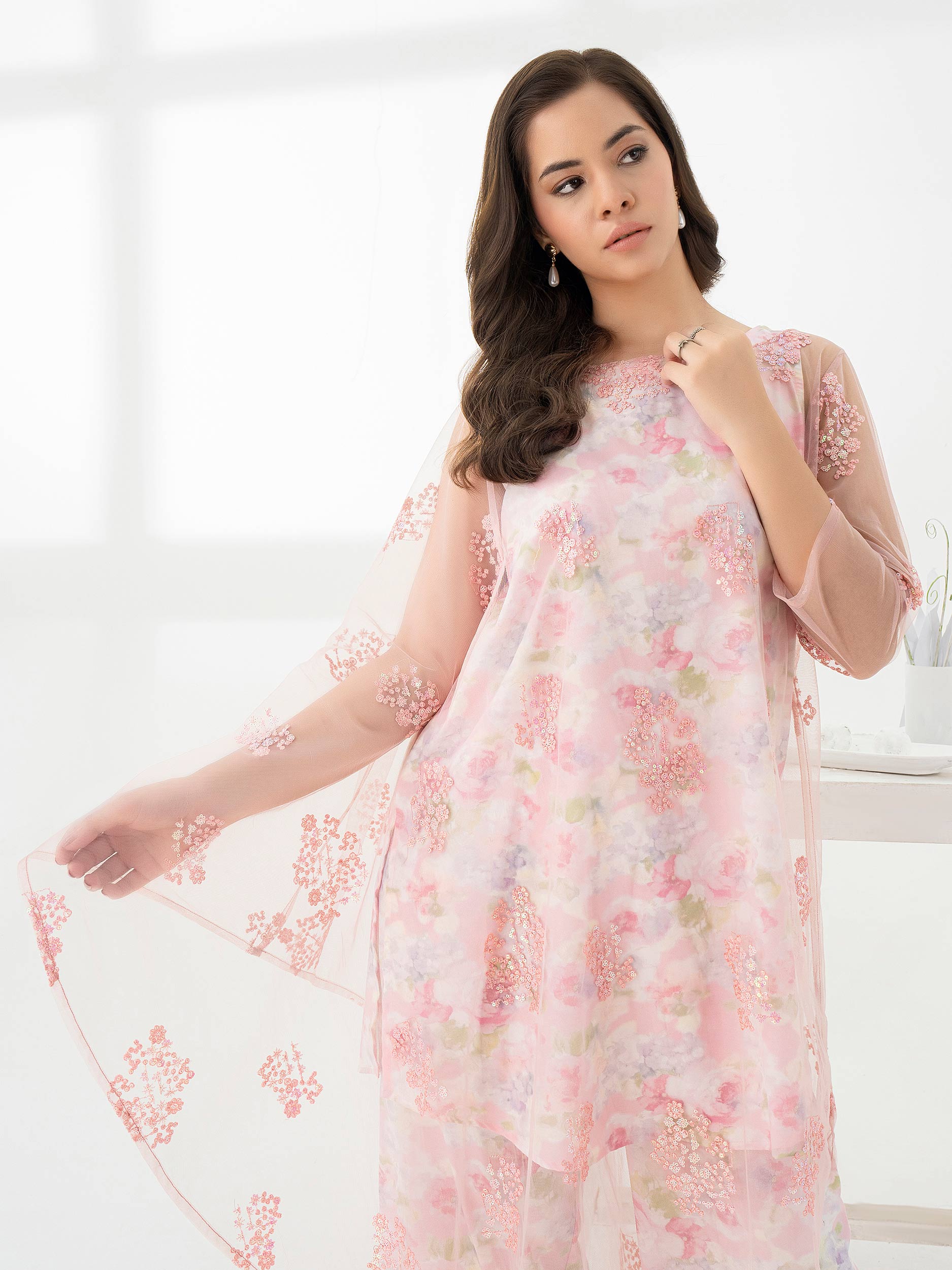 2 Piece Net Suit-Embroidered (Pret)