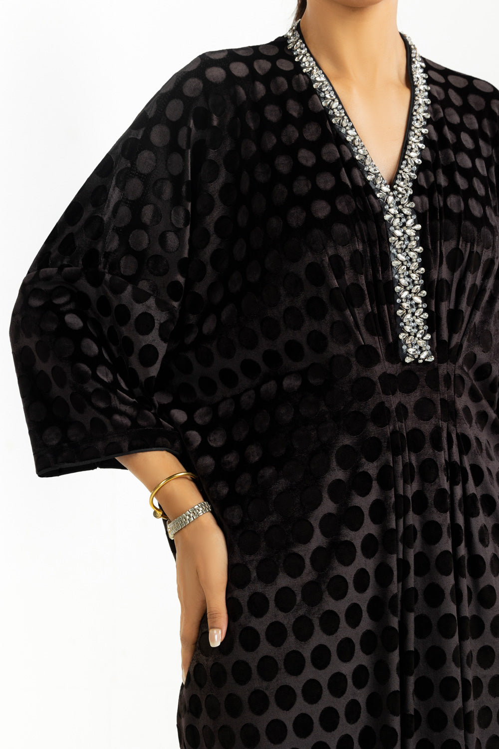 Velvet Polka Dots Embellished Kaftan