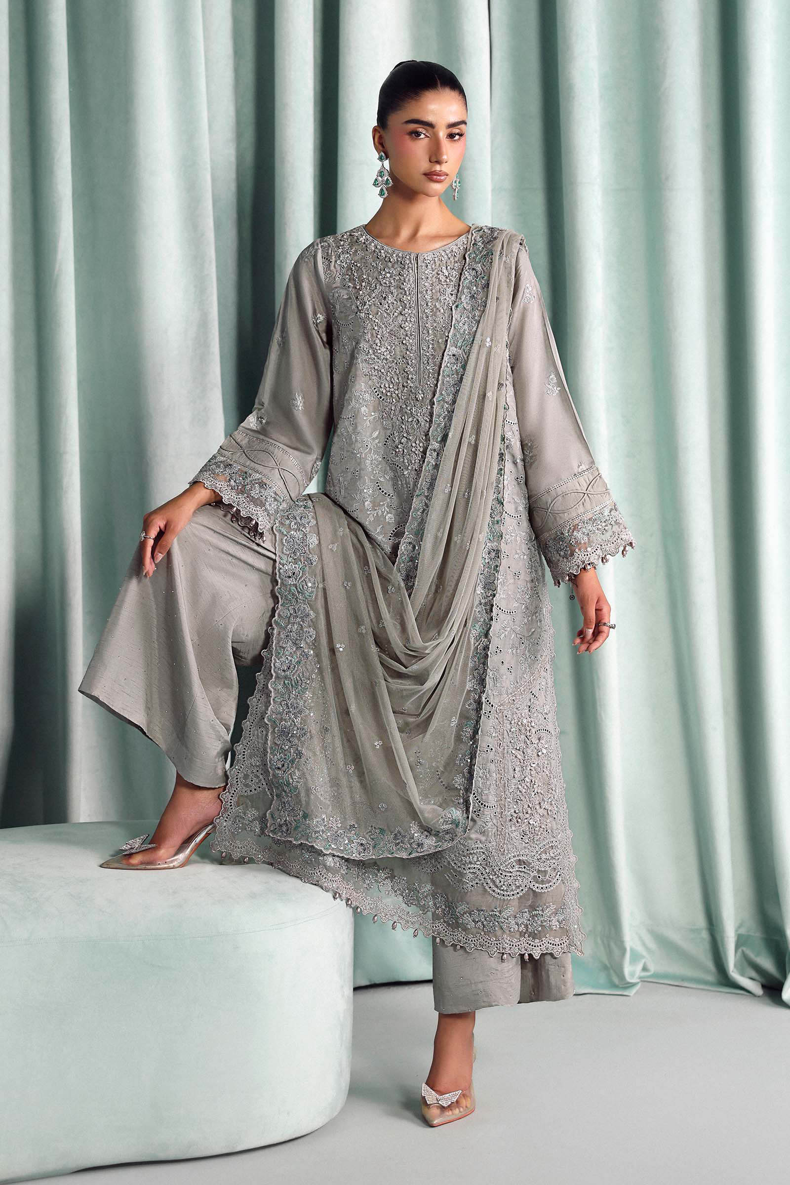 3 Piece Embroidered Tissue Silk Suit