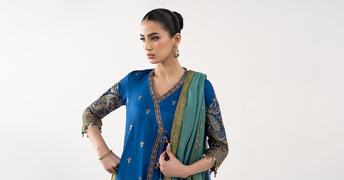 3 Piece Embroidered Raw Silk Suit