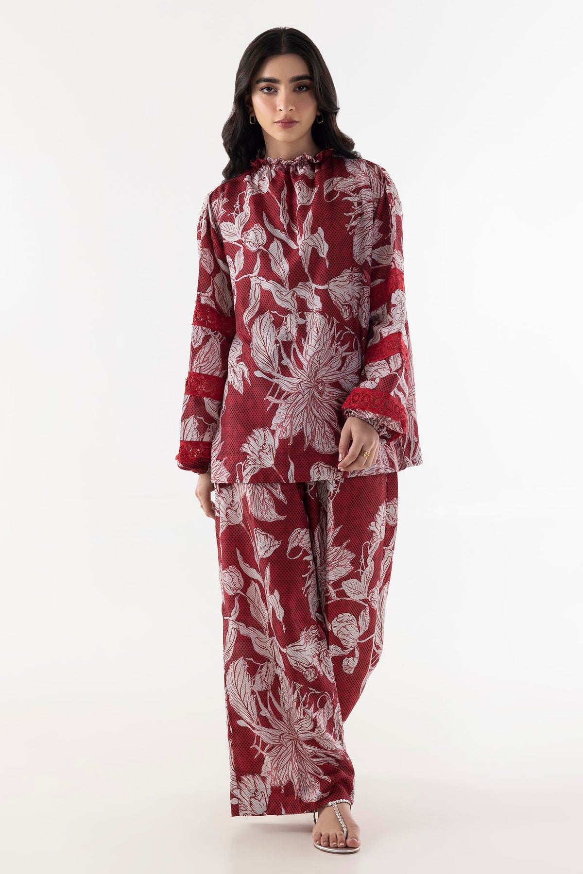 Stitched Red Printed Cord Set