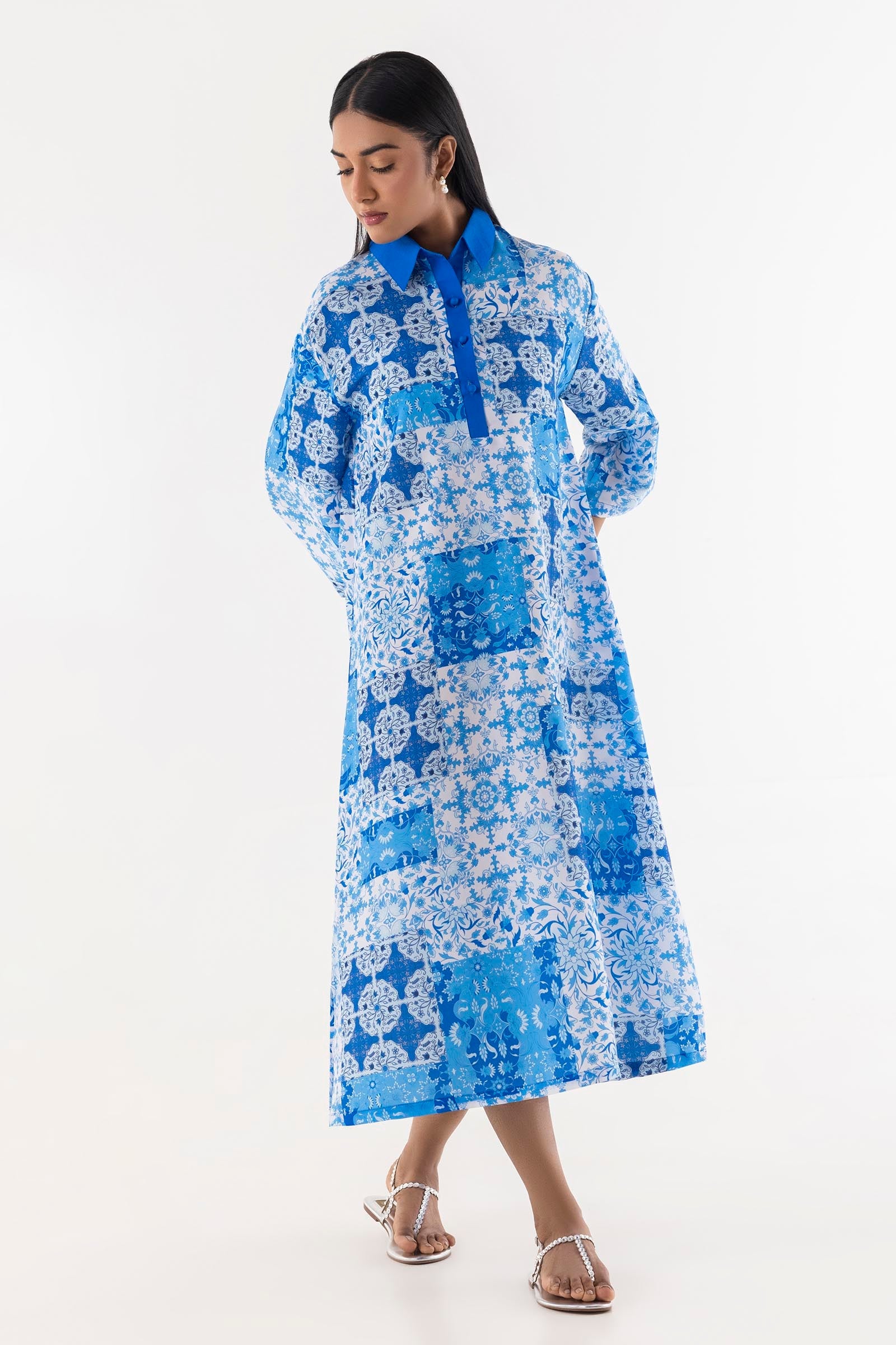 Stitched Blue Printed Dress