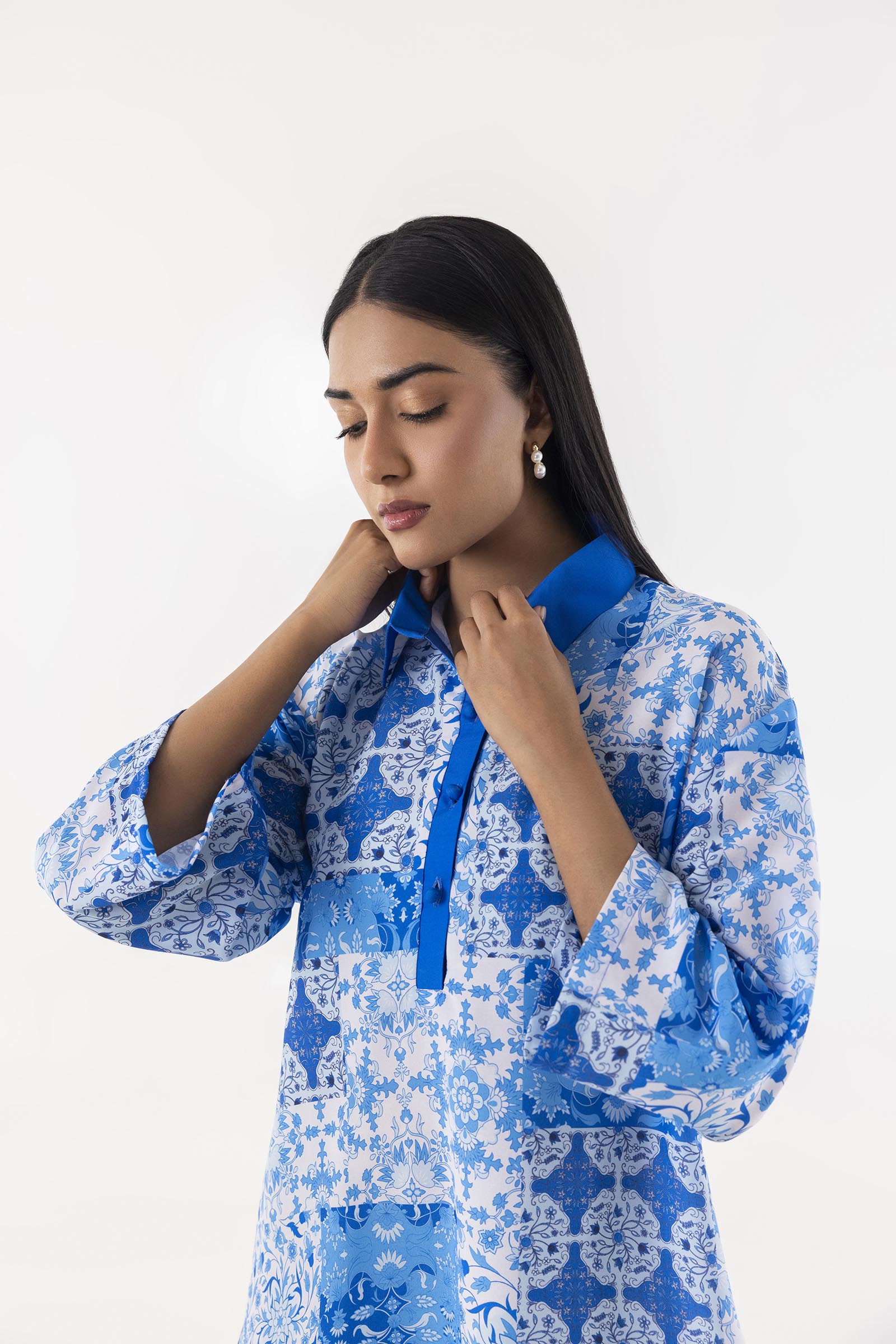 Stitched Blue Printed Dress