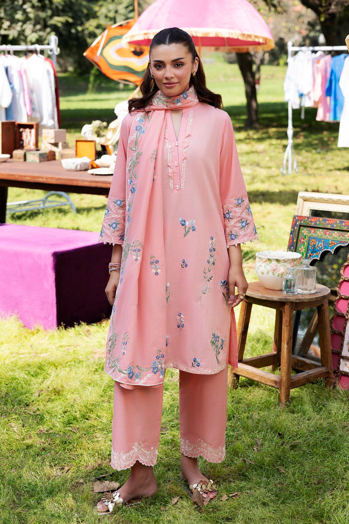 Stitched Embroidered Slub Lawn Suit