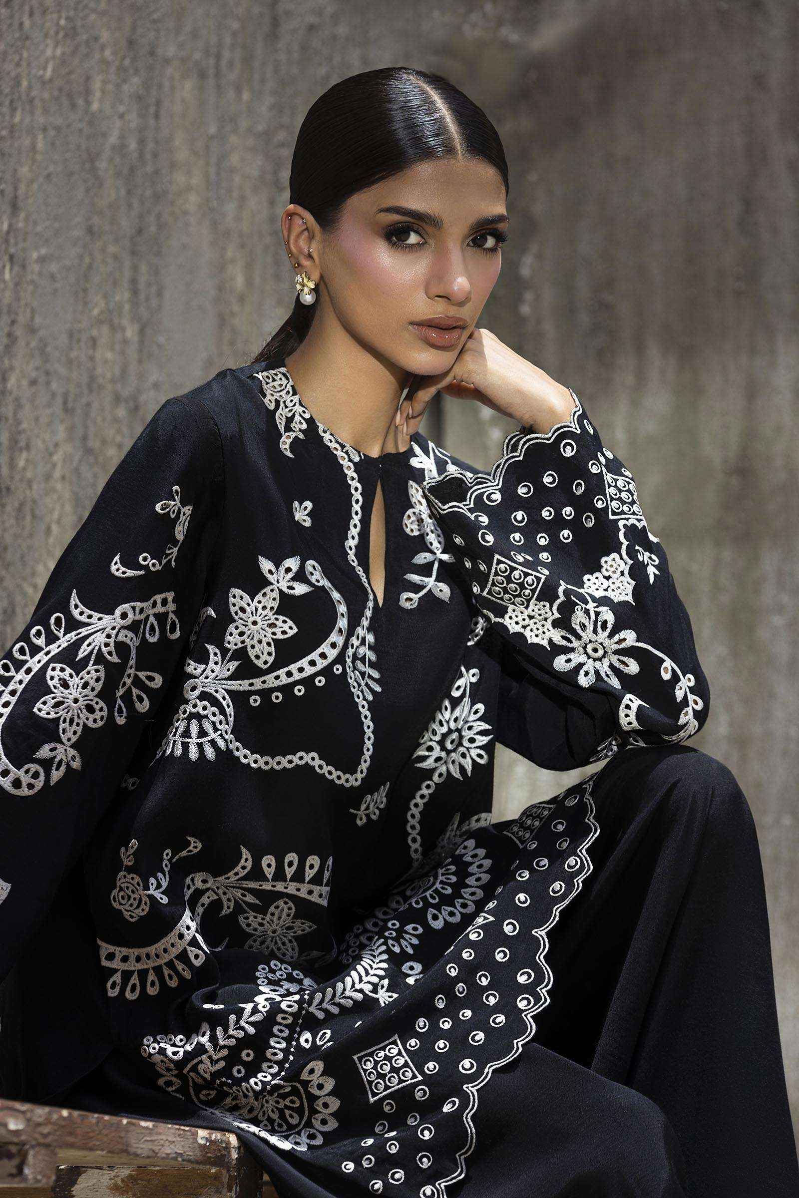 Stitched Embroidered Raw Silk Shirt+ Shalwar