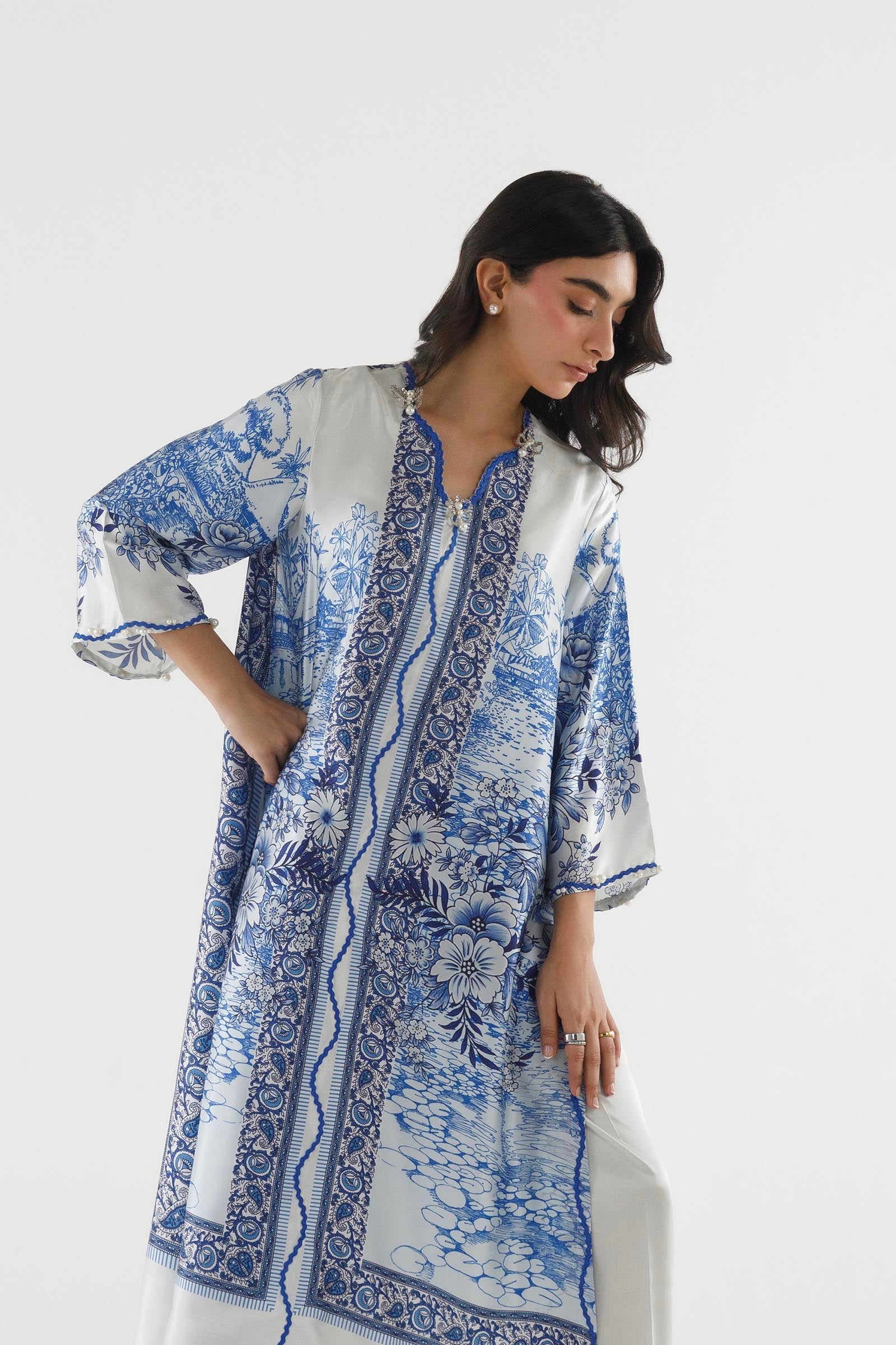 Stitched Printed Satin Shirt+ Culotte