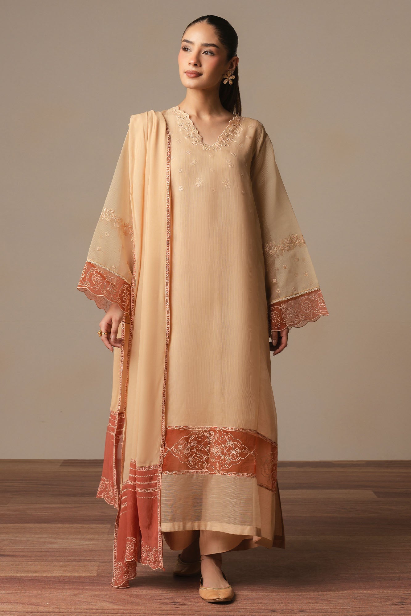 LIGHT TAUPE-3PC (SHIRT, TROUSER & DUPATTA)
