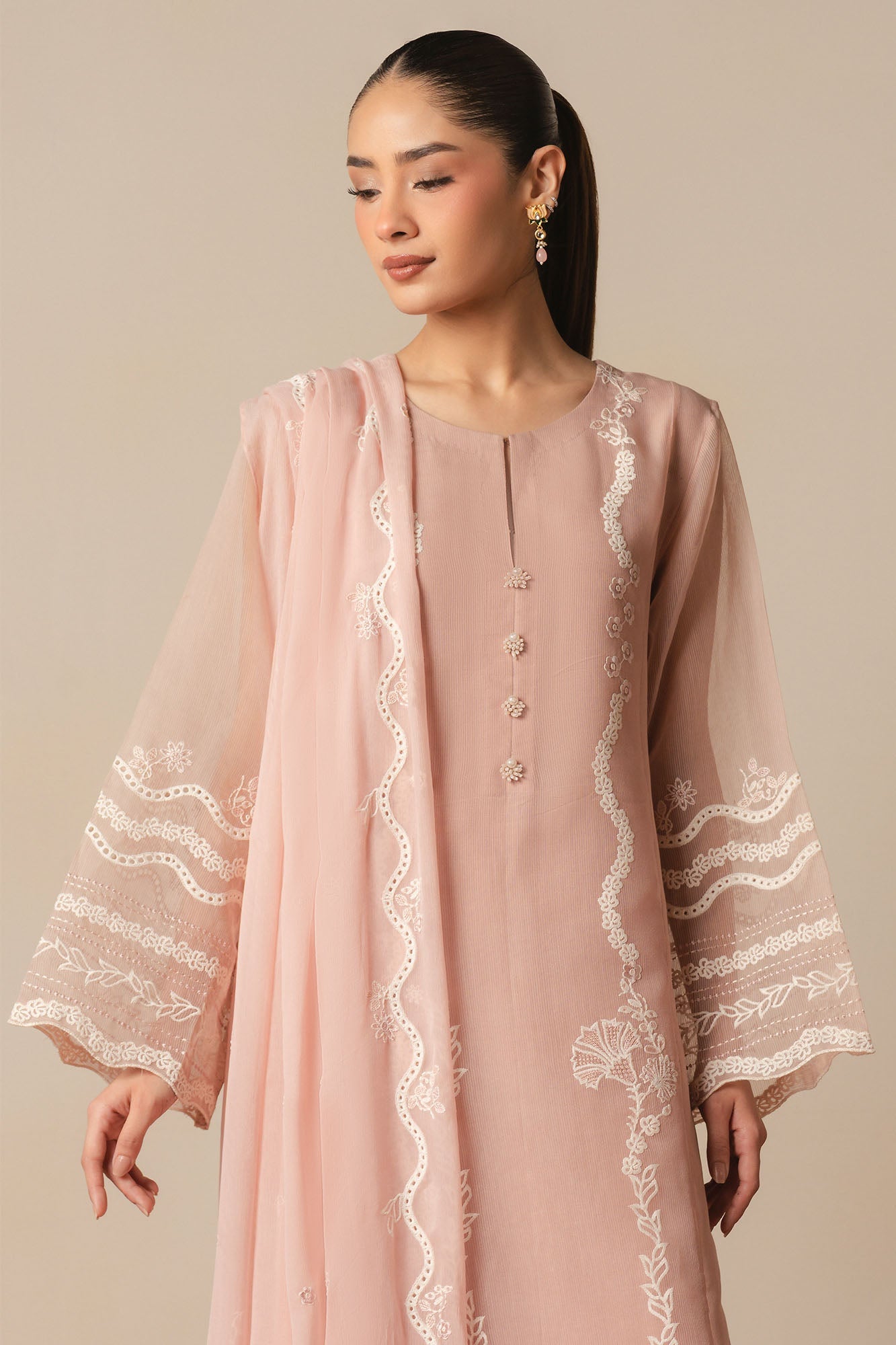 CREAM BLUSH -3PC (SHIRT, TROUSER & DUPATTA)