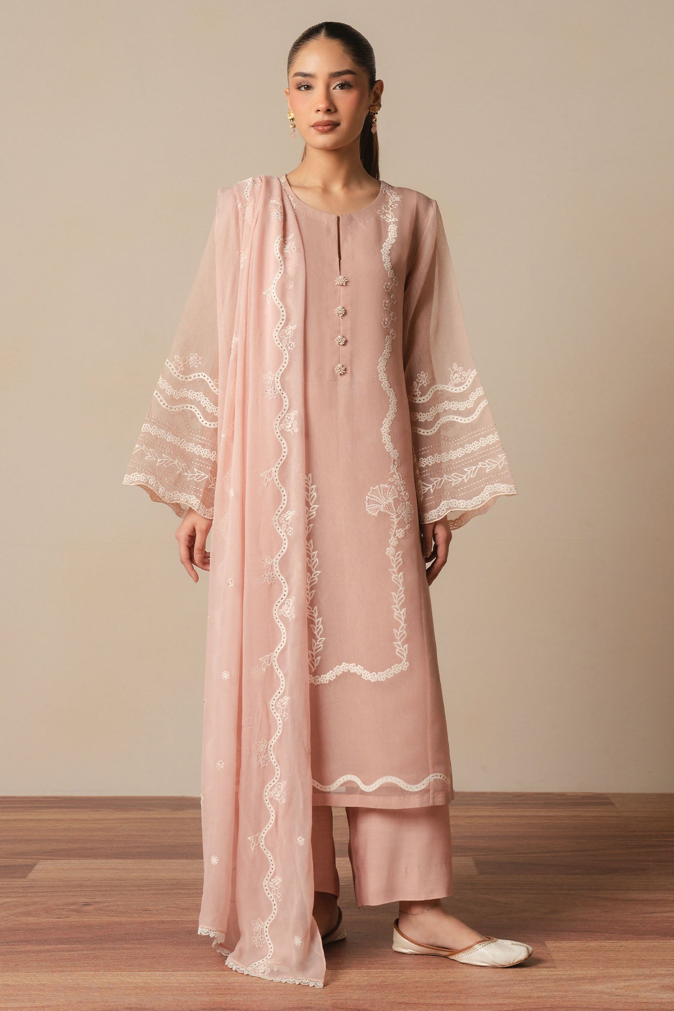 CREAM BLUSH -3PC (SHIRT, TROUSER & DUPATTA)