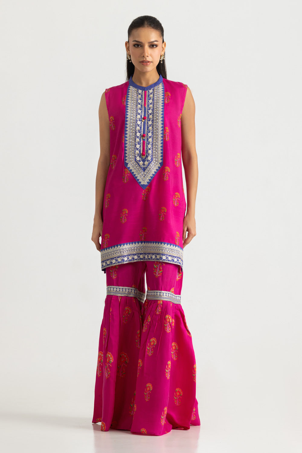 Viscose Raw Silk Printed Shirt And Gharara With Embroidered