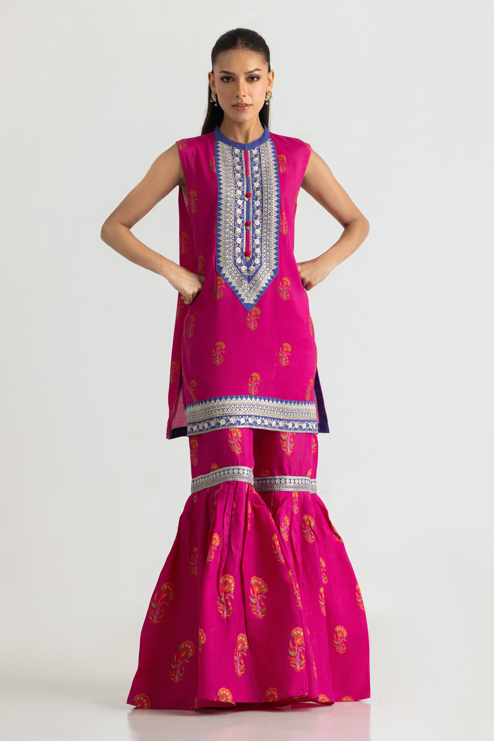 Viscose Raw Silk Printed Shirt And Gharara With Embroidered