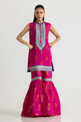 Viscose Raw Silk Printed Shirt And Gharara With Embroidered