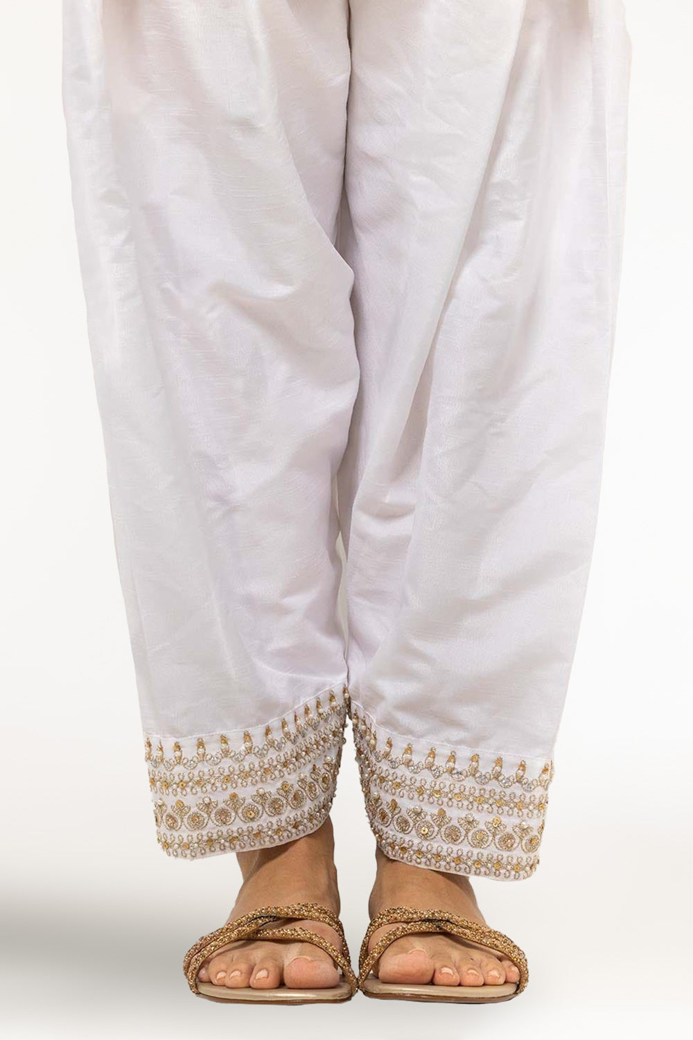 White Dyed Embroidered Rawsilk Shalwar