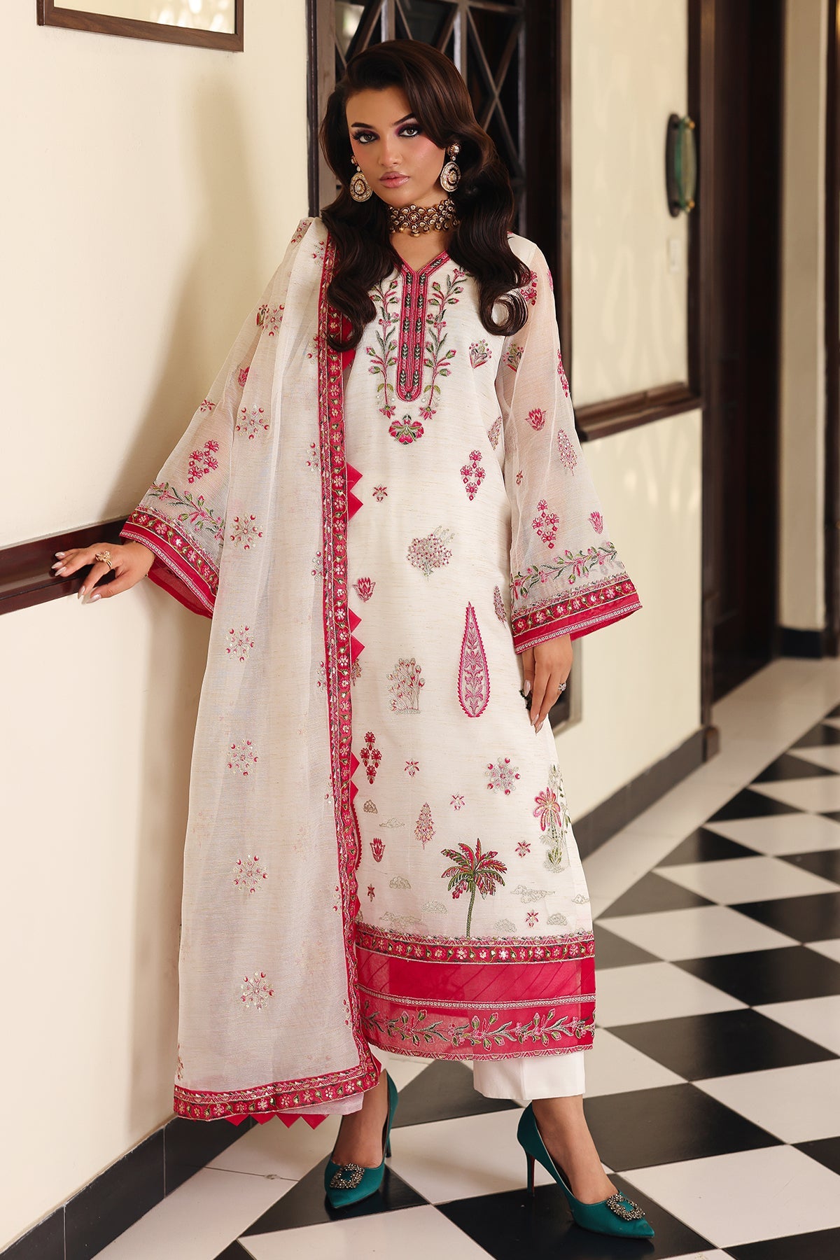 3-PC Embroidered  Cotton Net  CMA-5-237