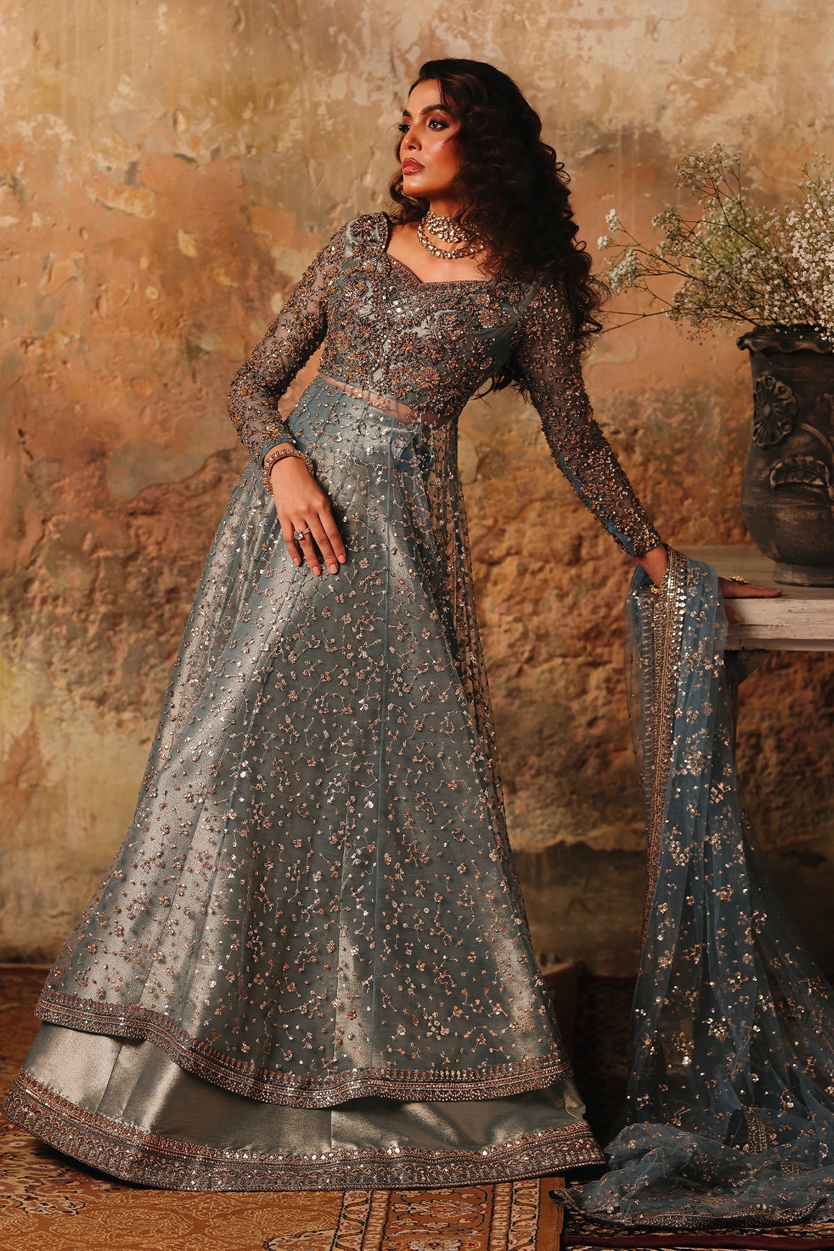 3-PC Embroidered  Net STM-5-014 - BLUE