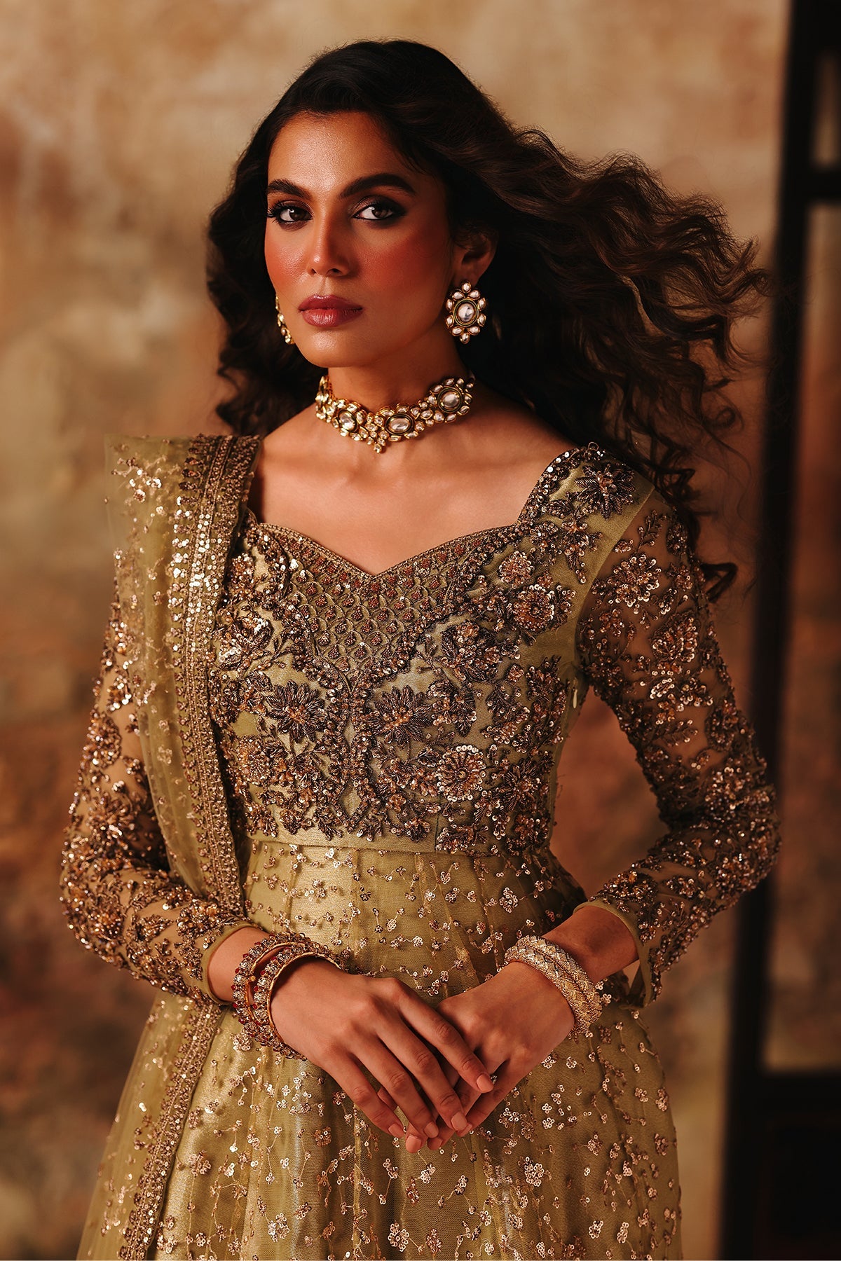 3-PC Embroidered  Net STM-5-07 - Pistachio green