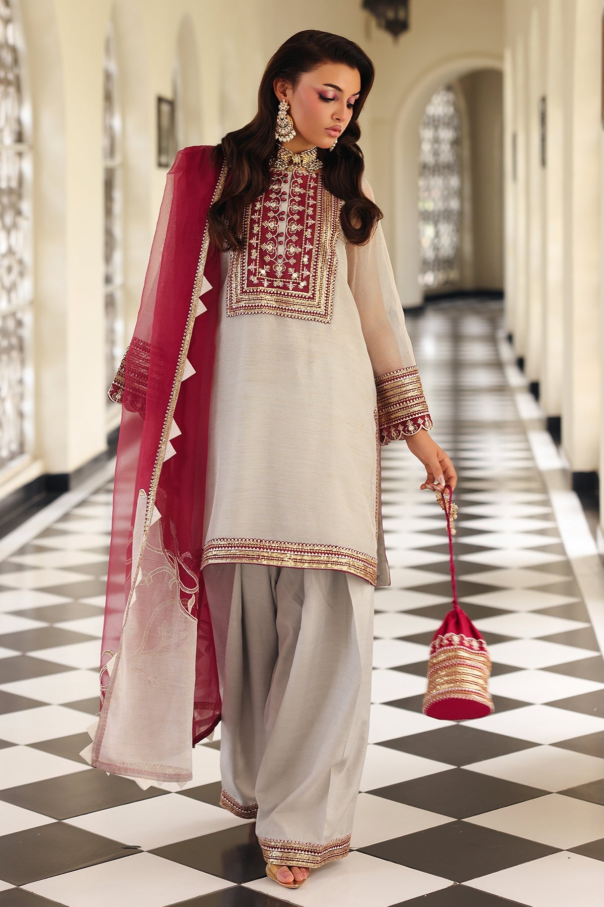 3-PC Embroidered  Cotton Net CMA-5-233