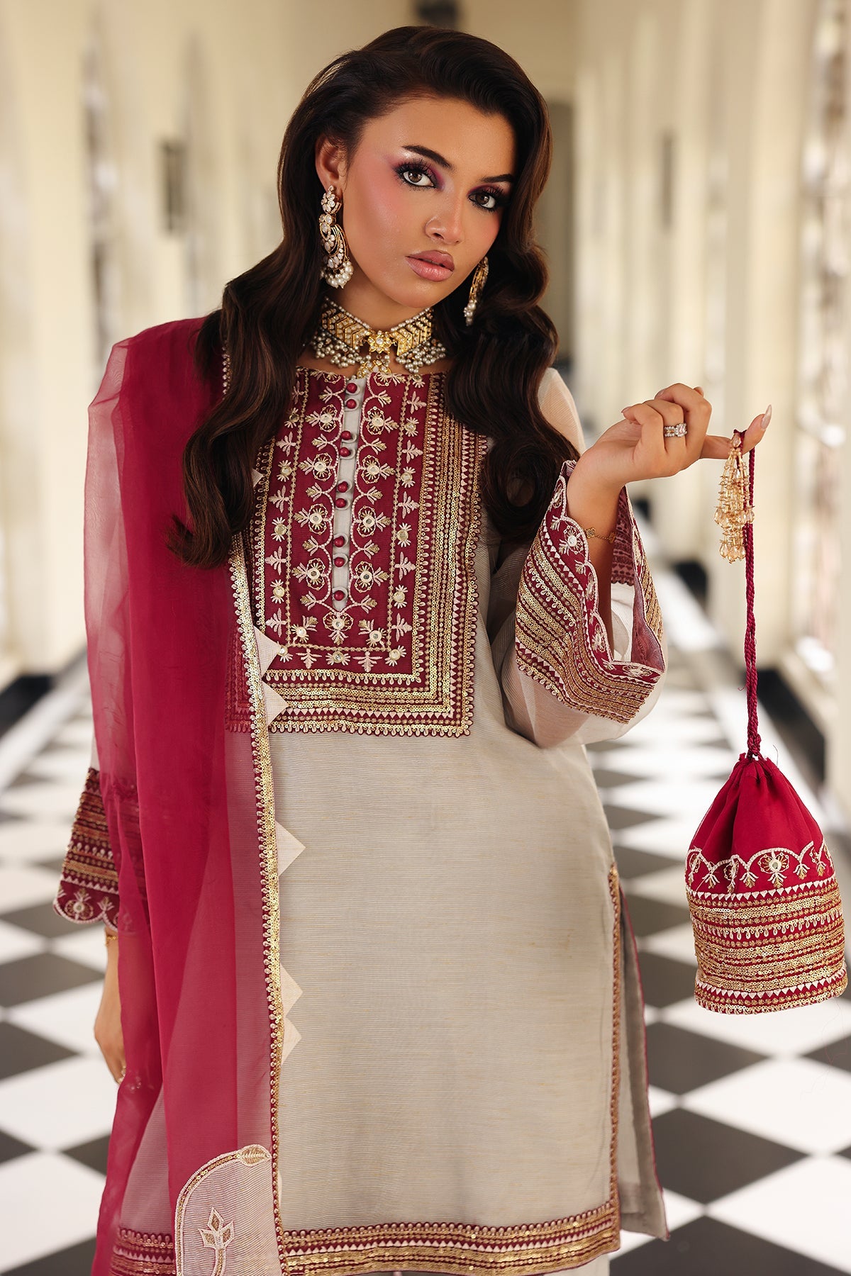 3-PC Embroidered  Cotton Net CMA-5-233
