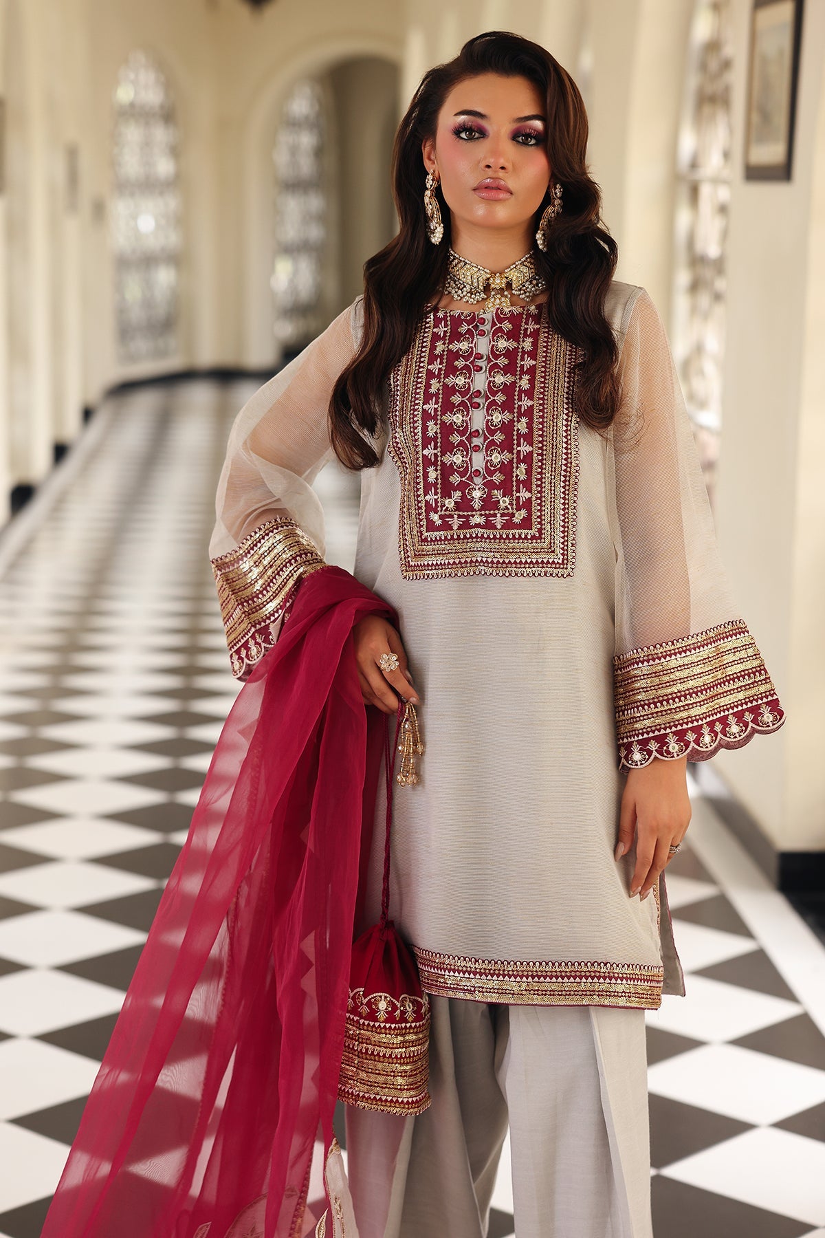 3-PC Embroidered  Cotton Net CMA-5-233