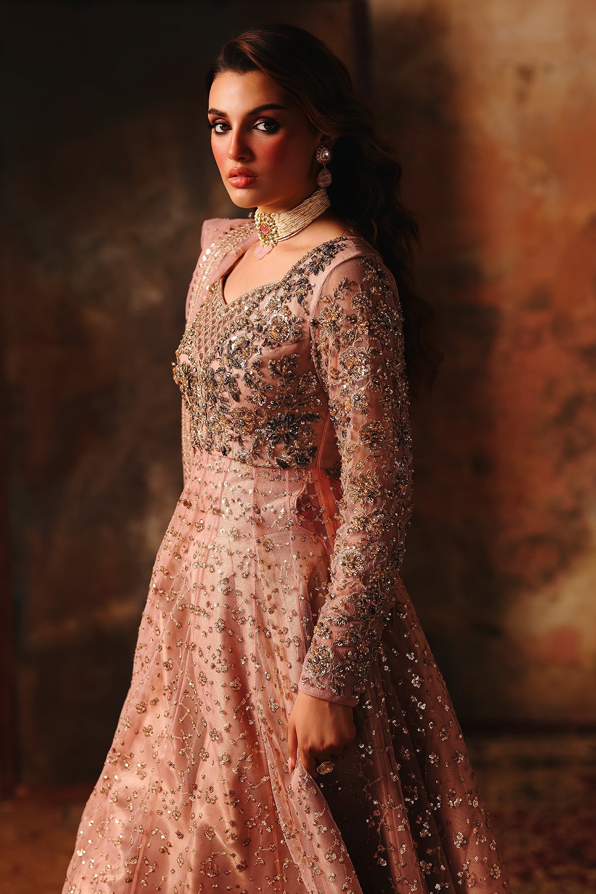 3-PC Embroidered  Net STM-5-06- Rose Gold