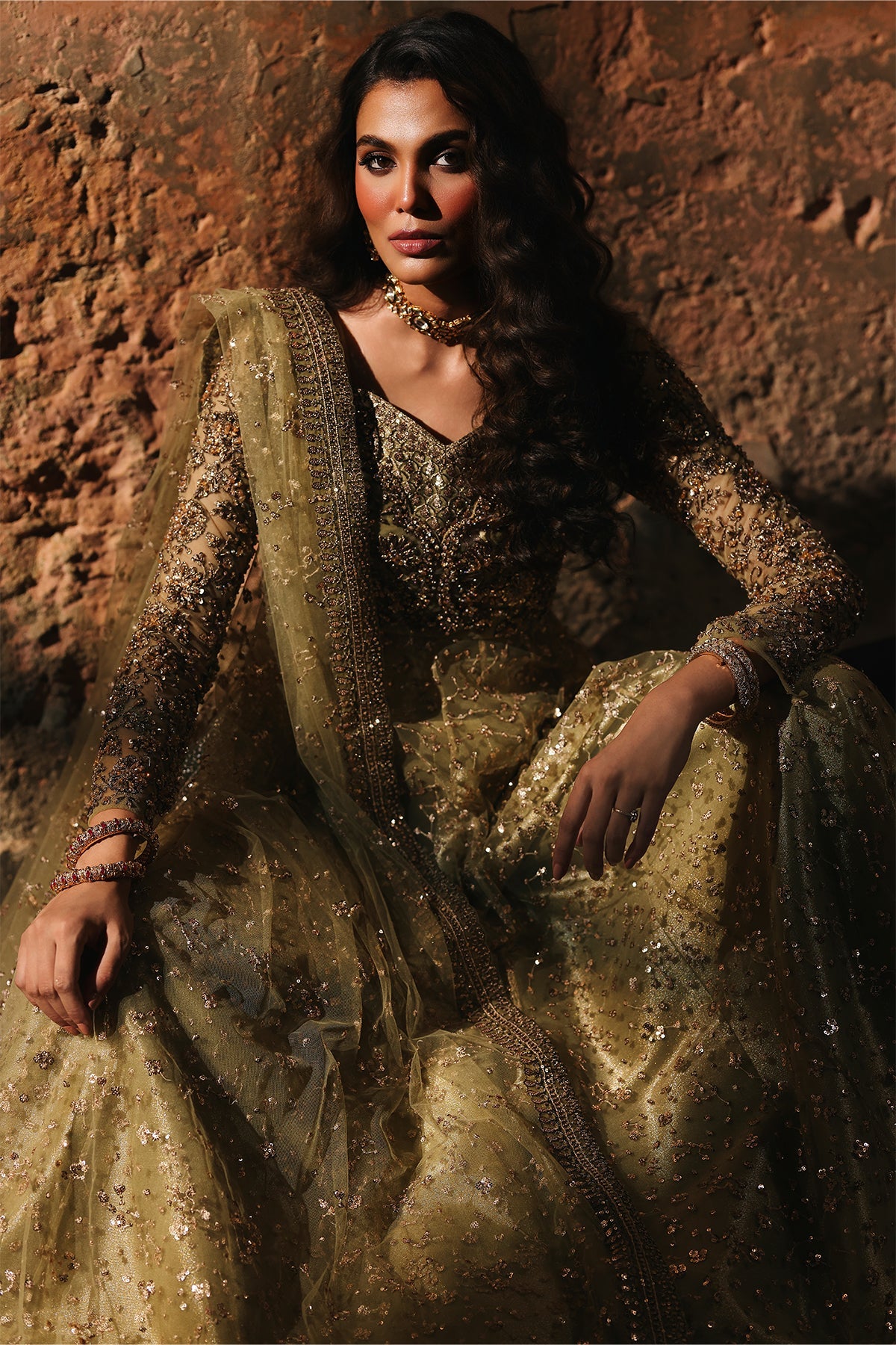 3-PC Embroidered  Net STM-5-07 - Pistachio green